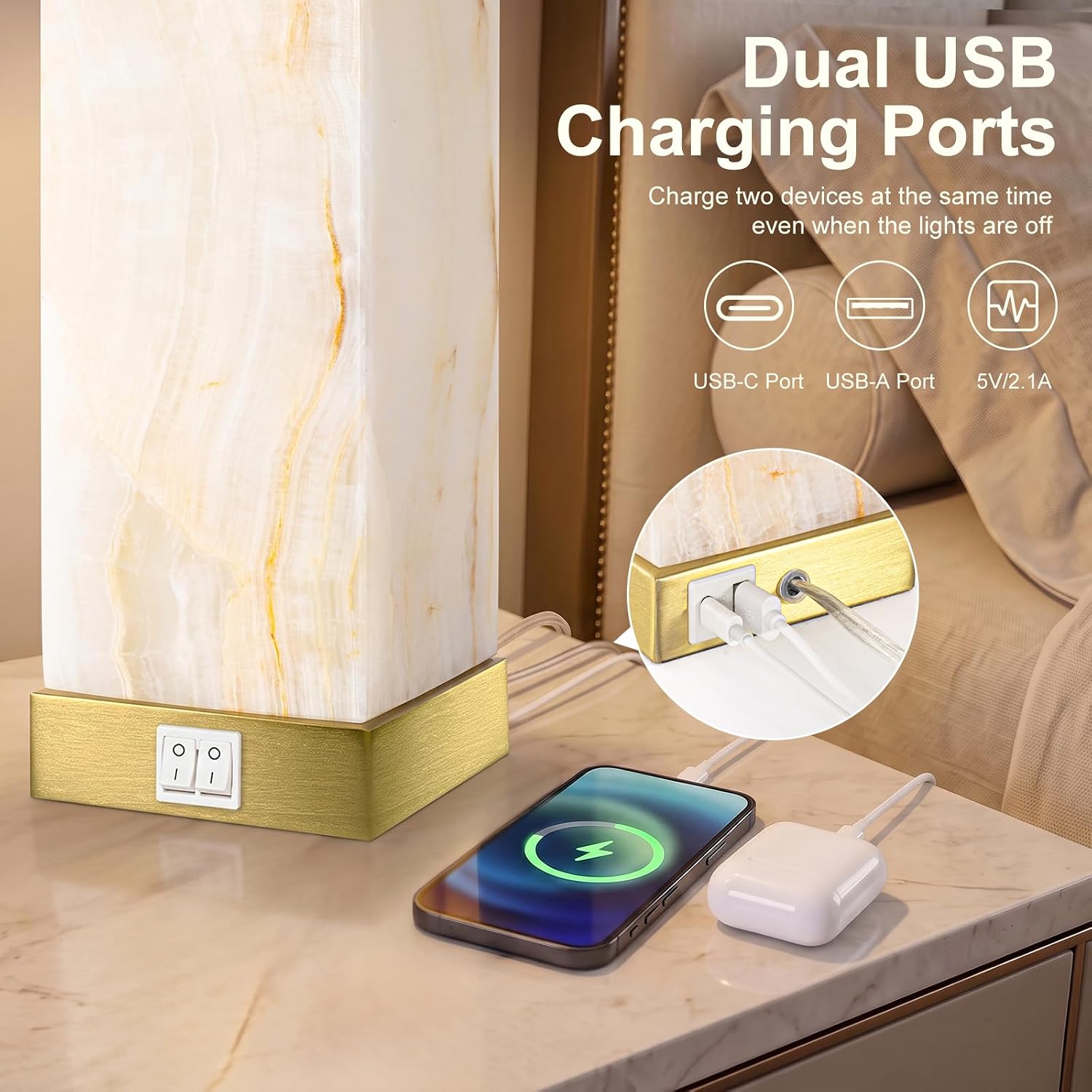 Translucent Marble Table Lamps with Night Light for Living Room - Image 4