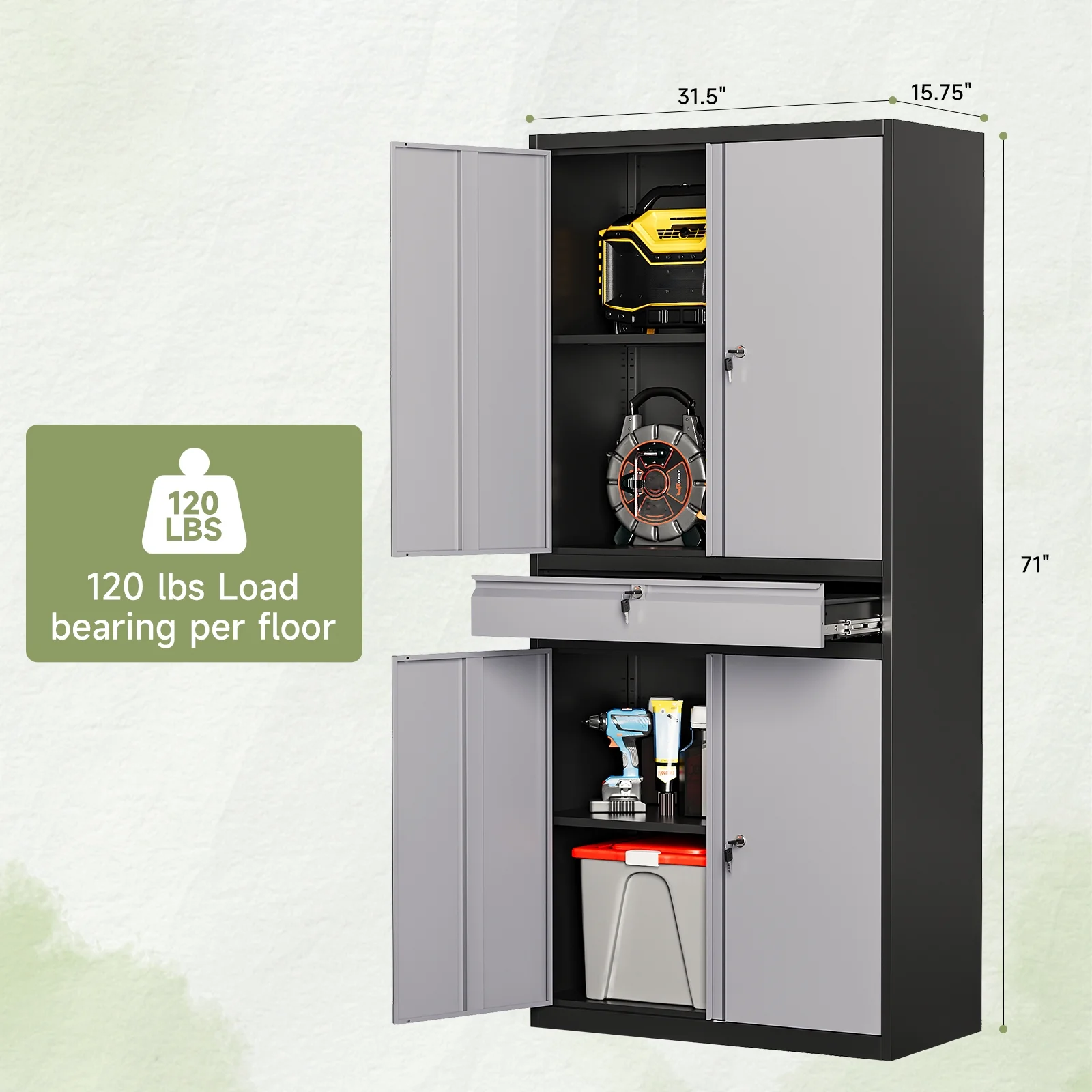 STANI Metal Garage Storage Cabinets with Drawer, 4 Doors Tool Storage Cabinet with 2 Adjustable Shelves, 73"H Rolling Steel Locking Cabinet for Garage Utility Room Home Office (Black, 4 Wheel) - Image 24