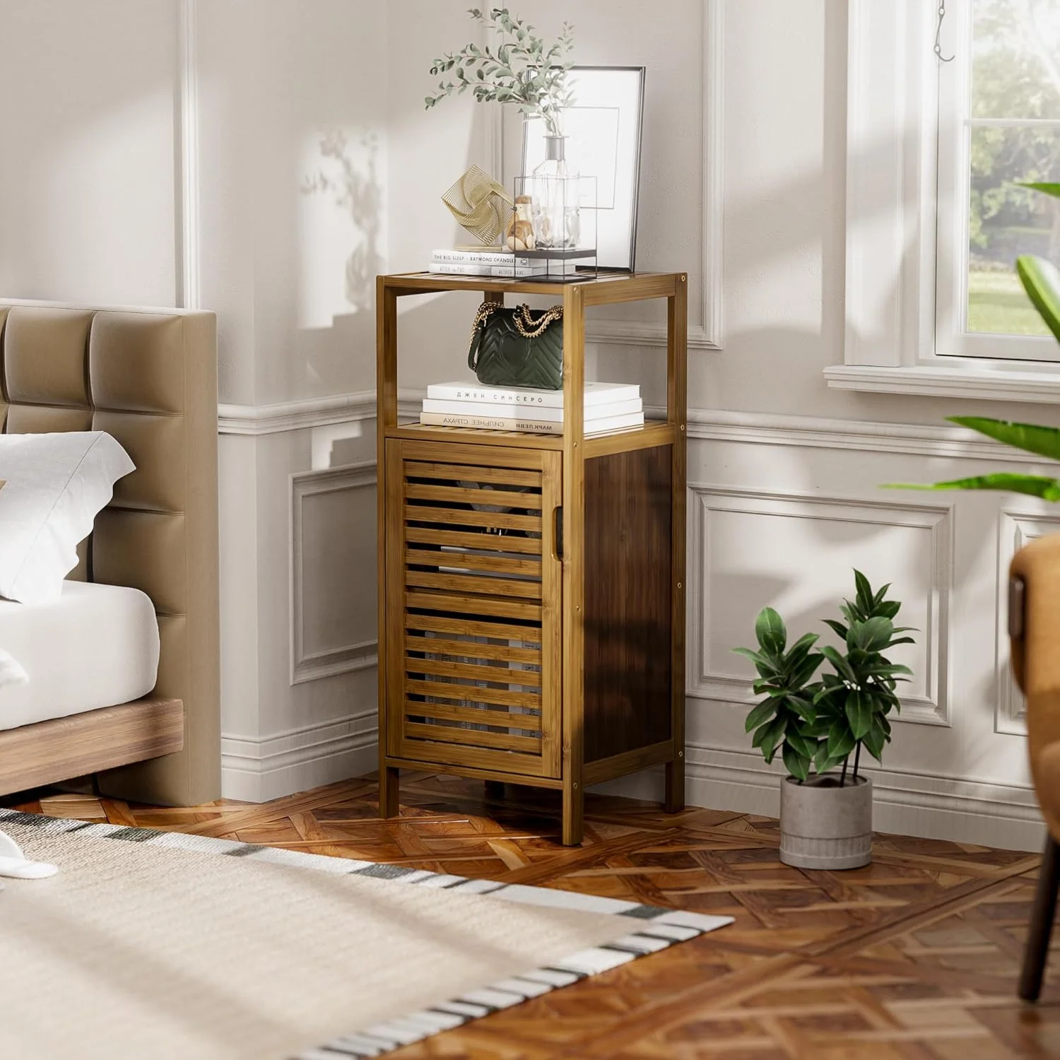 Bathroom Cabinet, Bamboo Floor Cabinet Free Standing, 4 Tier Sofa Side Storage Cupboard for Living Room Kitchen Bedroom - Image 10