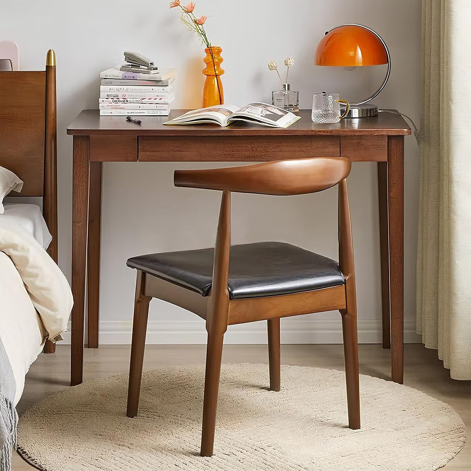 Solid Wood Computer Desk with Drawers, Modern Writing Desk for Home Office, Mid Century Modern Desk, Oak Study Table, 35.4x19.9x29.5 inches (Single Drawer), Walnut