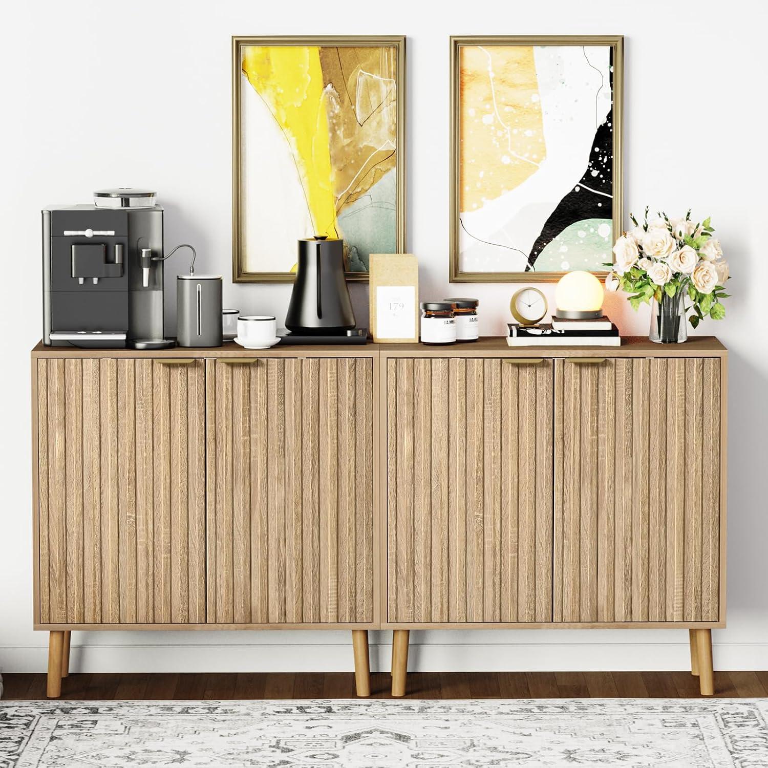 Fluted Storage Cabinet, Free Standing Buffet, Wood Sideboard, Multifunctional Accent Storage for Living Room, Hallway, Entryway, Dining Room (1, Oak) - Image 8