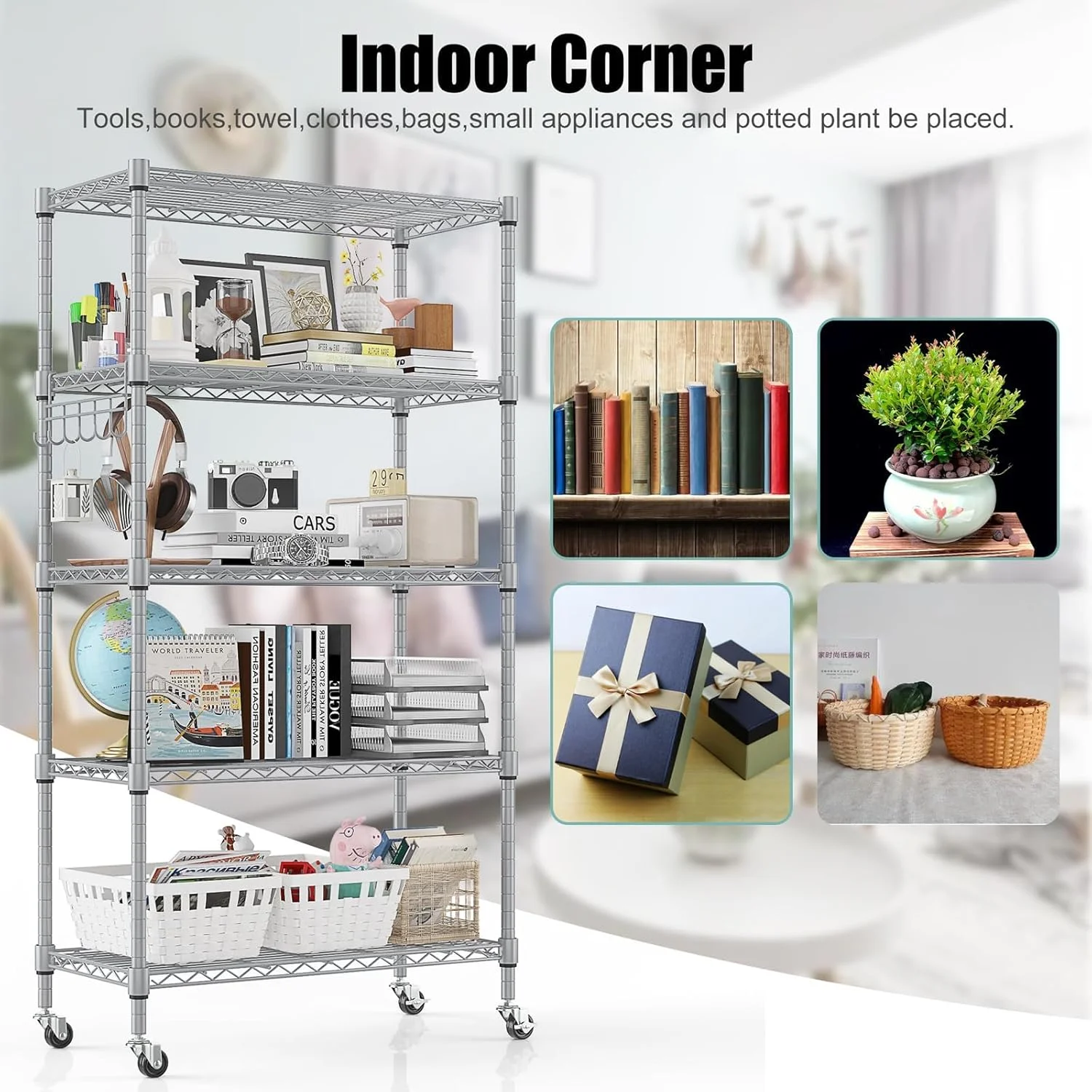 5-Tier Storage Shelf Wire Shelving Unit on Wheels, Adjustable Heavy Duty Metal Shelves with Side Hooks, Steel Rack Organization for Kitchen Garage Basement, Silver - Image 8
