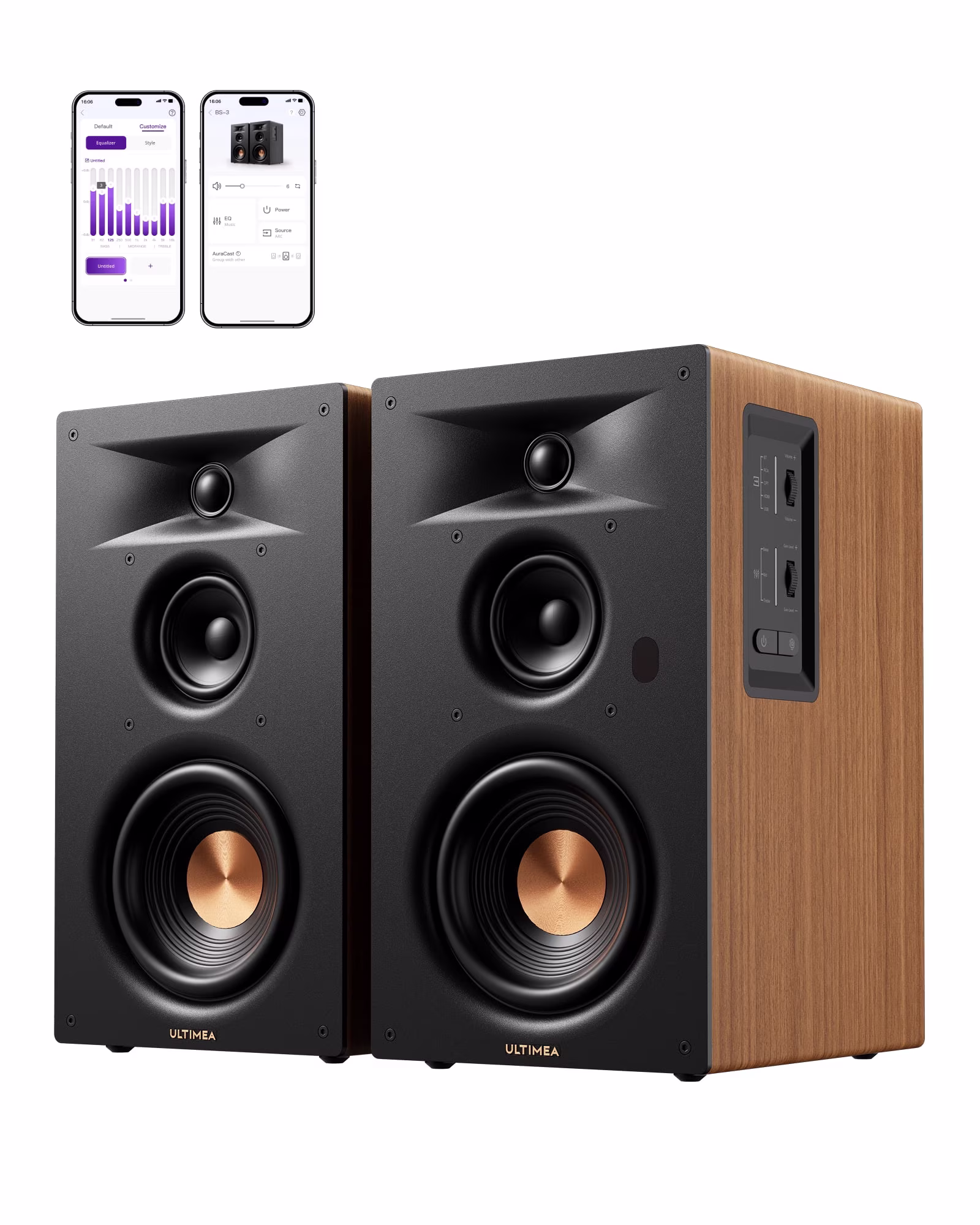 ULTIMEA 3-Way Powered Bookshelf Speakers with 5.25" Woofer, 70W RMS, App, Edge Horn and BassMX, SUB Out and HDMI ARC for Home Theater, Bluetooth 6.0, Auracast, Grille-Free Design, BS-3