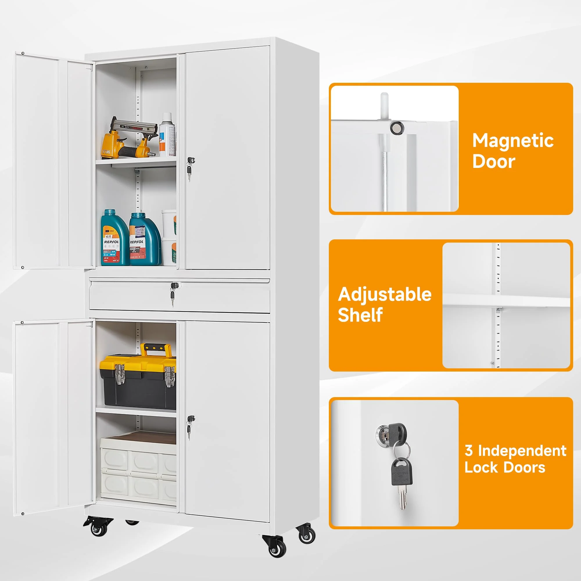 STANI Metal Garage Storage Cabinets with Drawer, 4 Doors Tool Storage Cabinet with 2 Adjustable Shelves, 73"H Rolling Steel Locking Cabinet for Garage Utility Room Home Office (Black, 4 Wheel) - Image 16