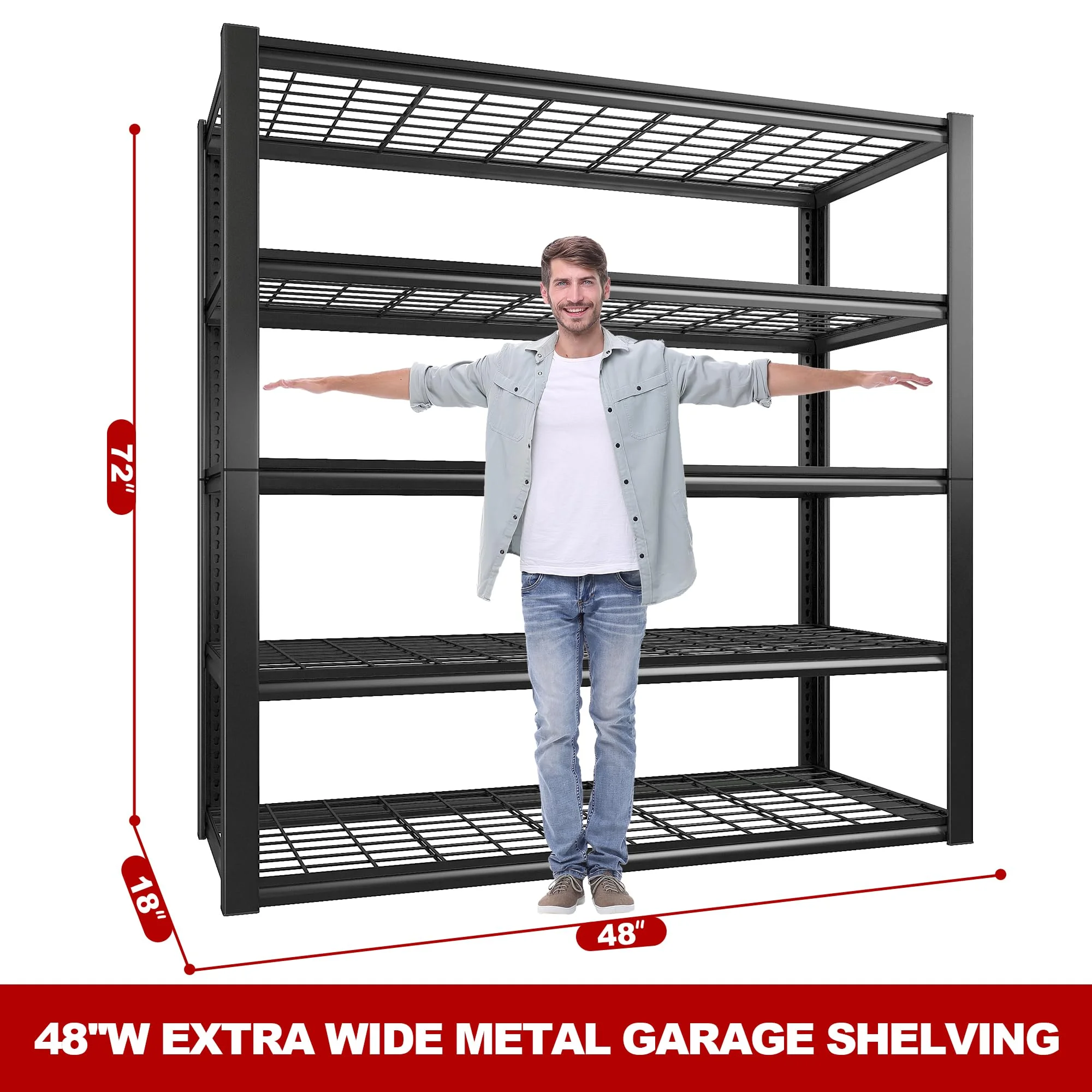 REIBII 48.2"W Garage Shelving Heavy Duty 3000LBS Storage Shelves Adjustable 5 Tier Metal Shelving,48.2''L X 24.5''W X 72''H - Image 20