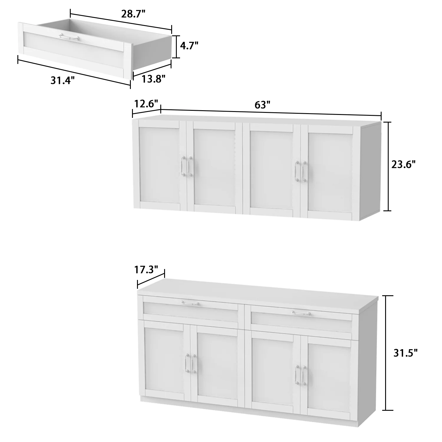 KULAGAGA Kitchen Cabinet with Wall Mounted Hutch, Sideboard Storage Cupboard with Drawers for Home, White - Image 3