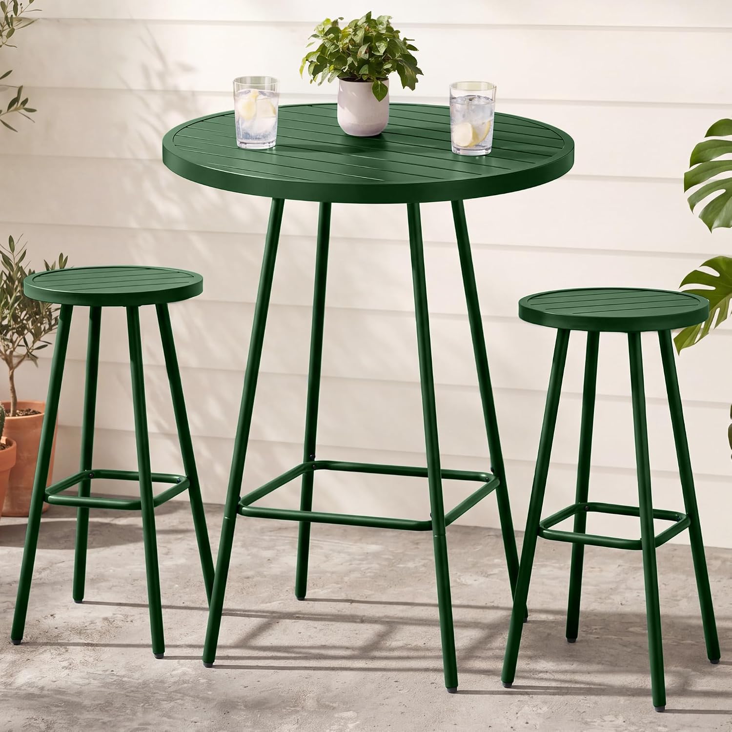 3-Piece Patio Dining Set, Bar Height, Outdoor Bistro Set, Outdoor Round Bar Table w/ 2 Bar Stools, Steel - White