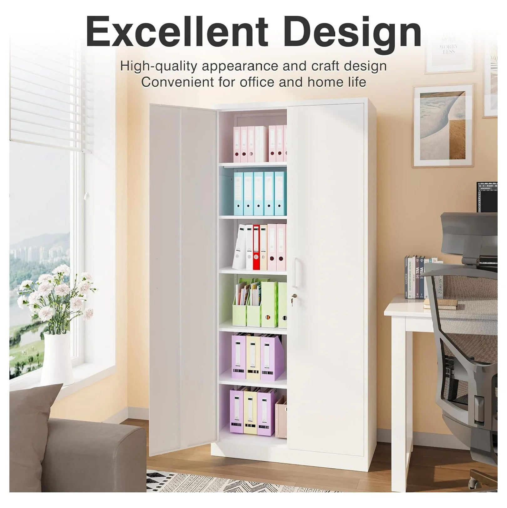 saney Black Metal Storage Cabinet with Doors and Shelves,Glass Cabinet Display Cabinet with Glass Doors,Office Cabinet with Storage Shelves and Double Doors, for Garage and Utility Room, Home Office - Image 5