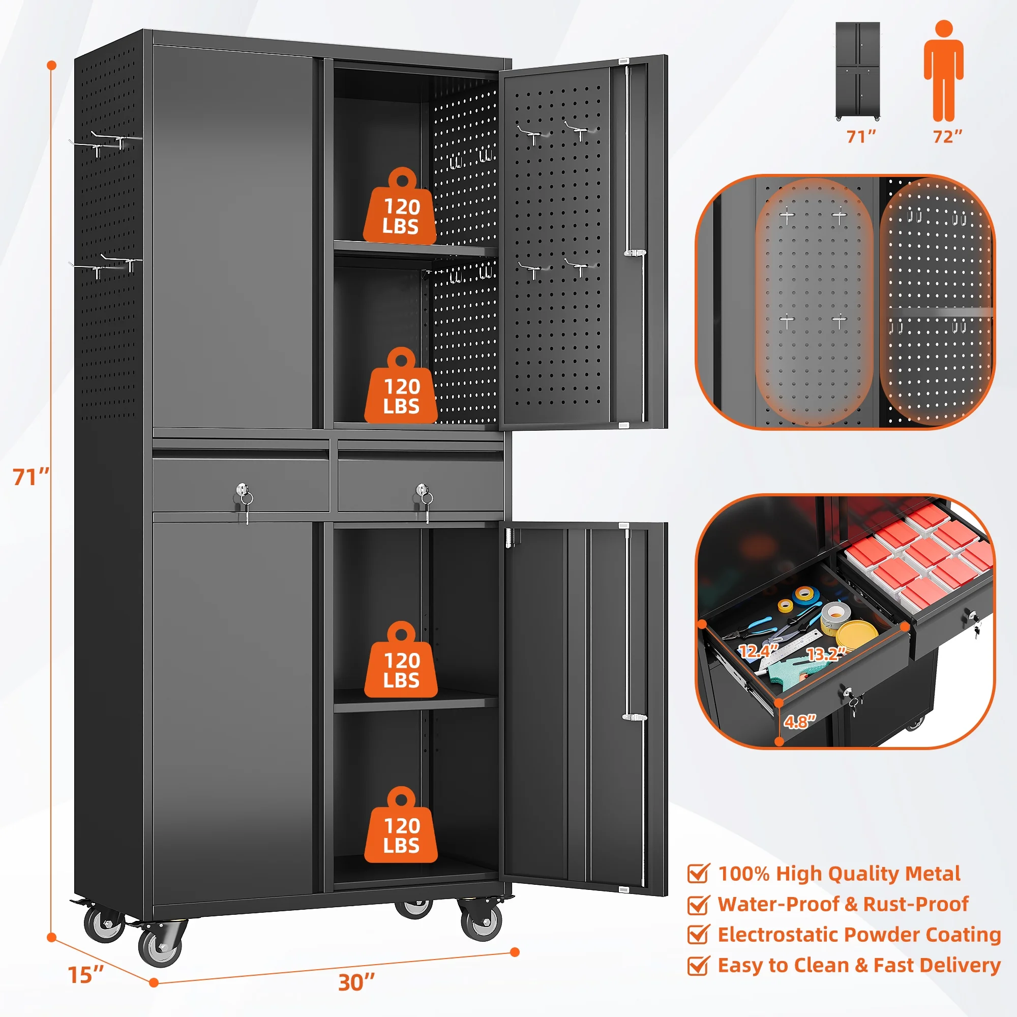 Aobabo Metal Storage Cabinet with Lock,Garage Storage Cabinet with Wheels,72In Steel Storage Cabinet for Garage Home Storage, Black Required-Assembly - Image 40