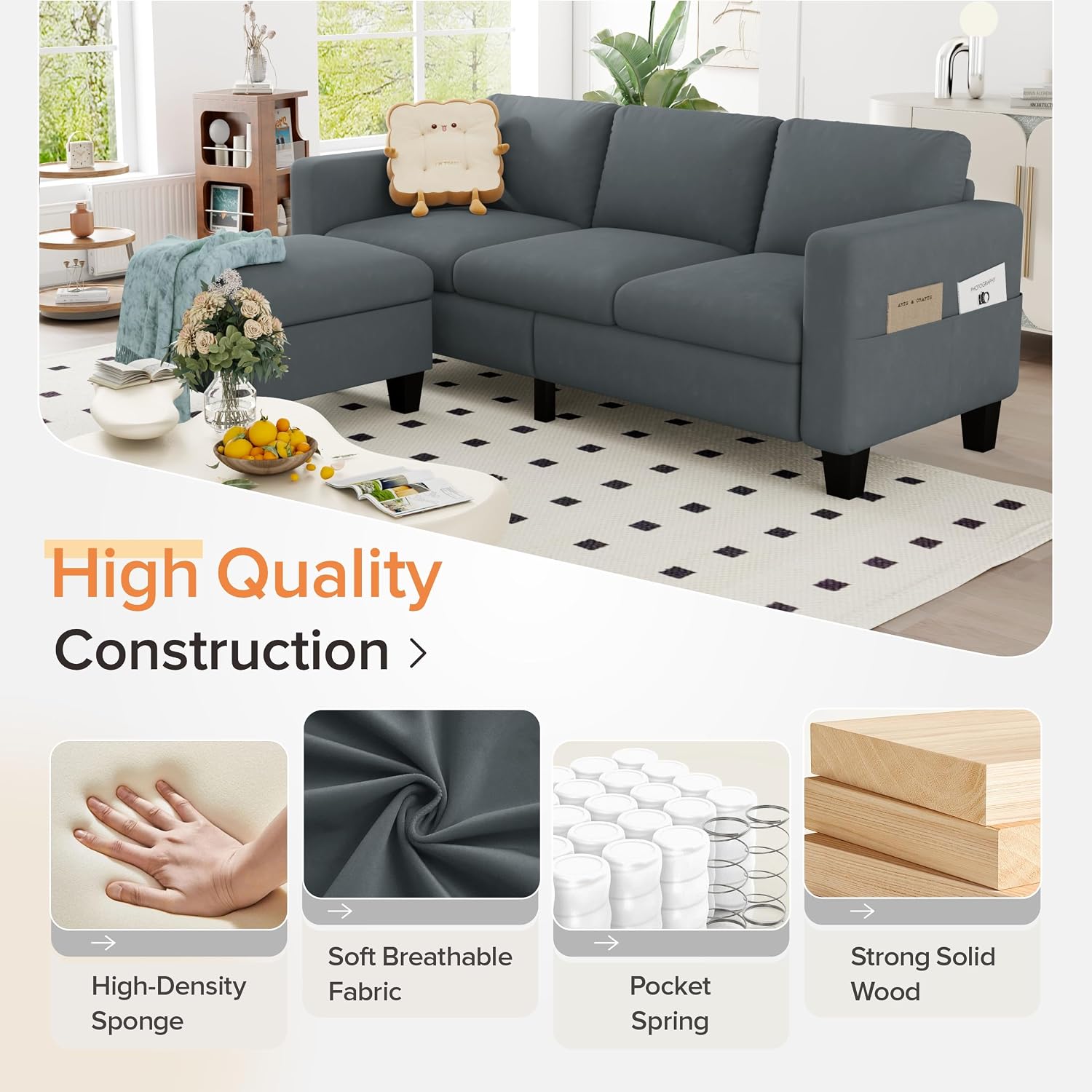 Convertible Sectional Sofa Couch,Classic 3 Seat L-Shaped Sofa with Movable Ottoman, Modern Dark Grey Velvet Fabric Upholstered Small Sectional Sofa Couch for Small Apartment Living Room Office - Image 5
