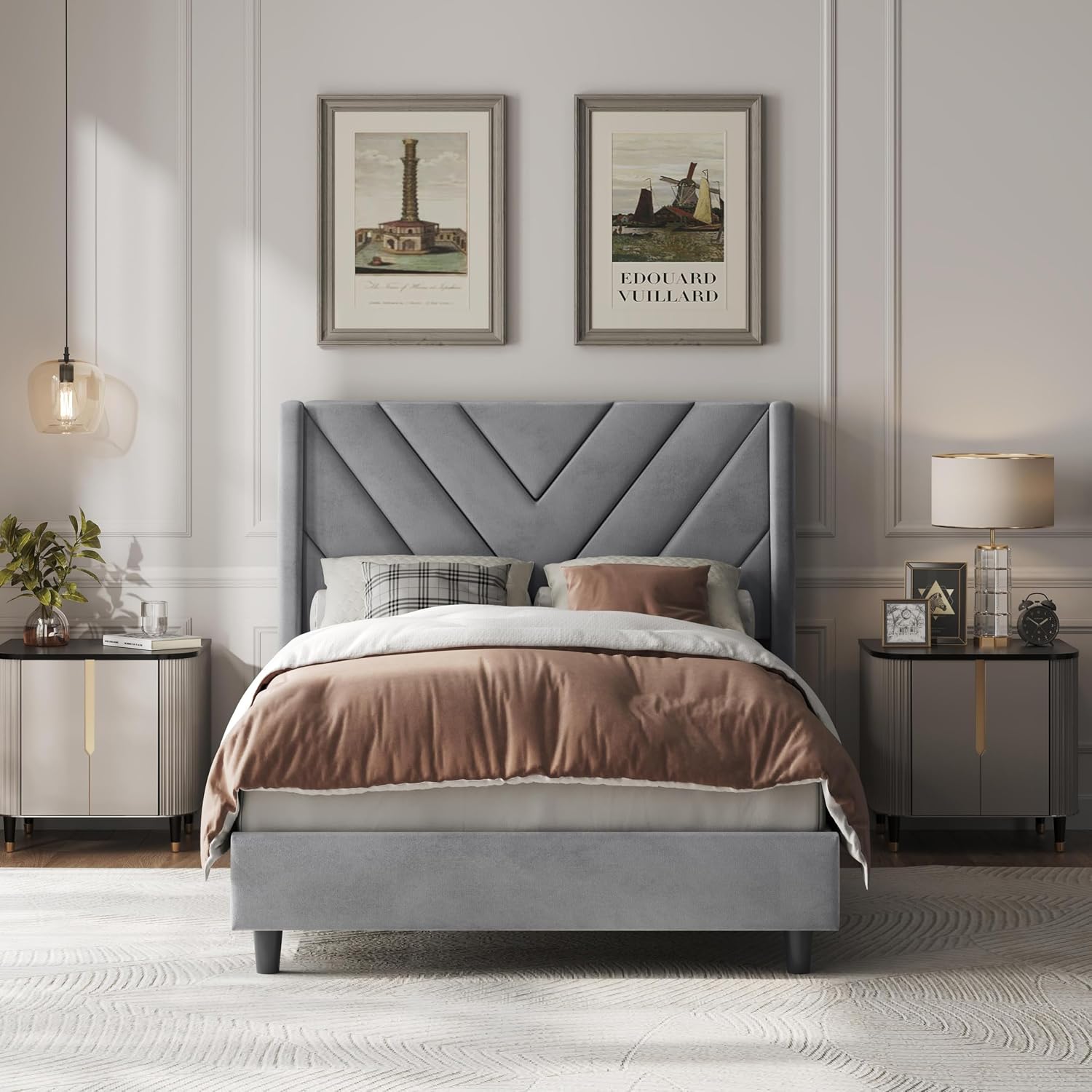 Twin Bed Frame with Chevron Channel-Tufted Headboard, Light Gray - Image 8