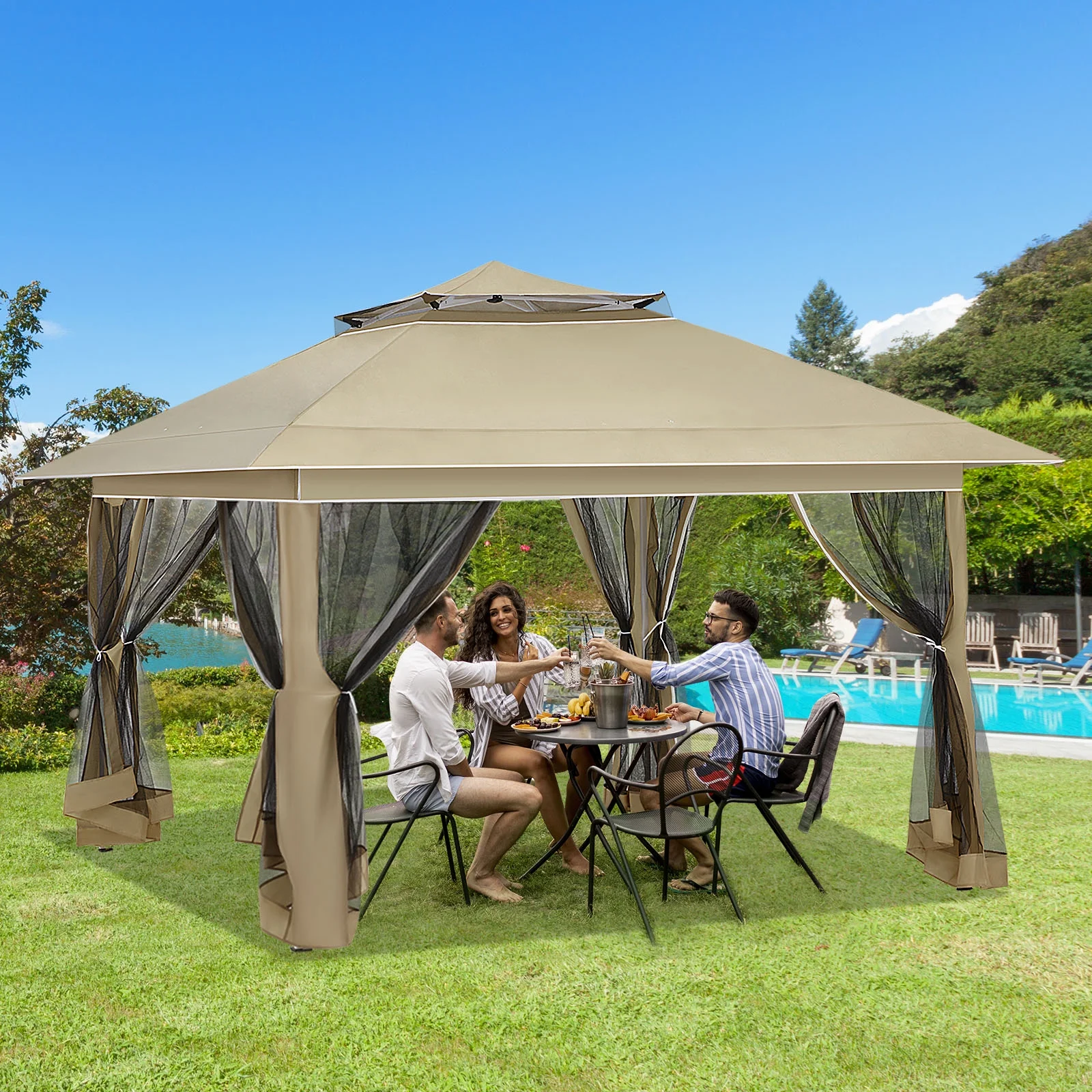 AVAWING 12x12 ft Outdoor Pop-up Canopy Party Tent Easy Setup Patio Wedding Tent, Khaki - Image 68