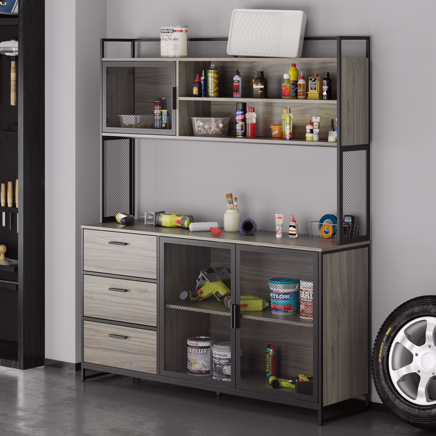WIAWG Garage Cabinet with 3 Drawers and Metal Mesh Door, Industrial Mutifunctional Tool Storage Cabinet for Warehouse, Basement, Home Office (Walnut) - Image 5