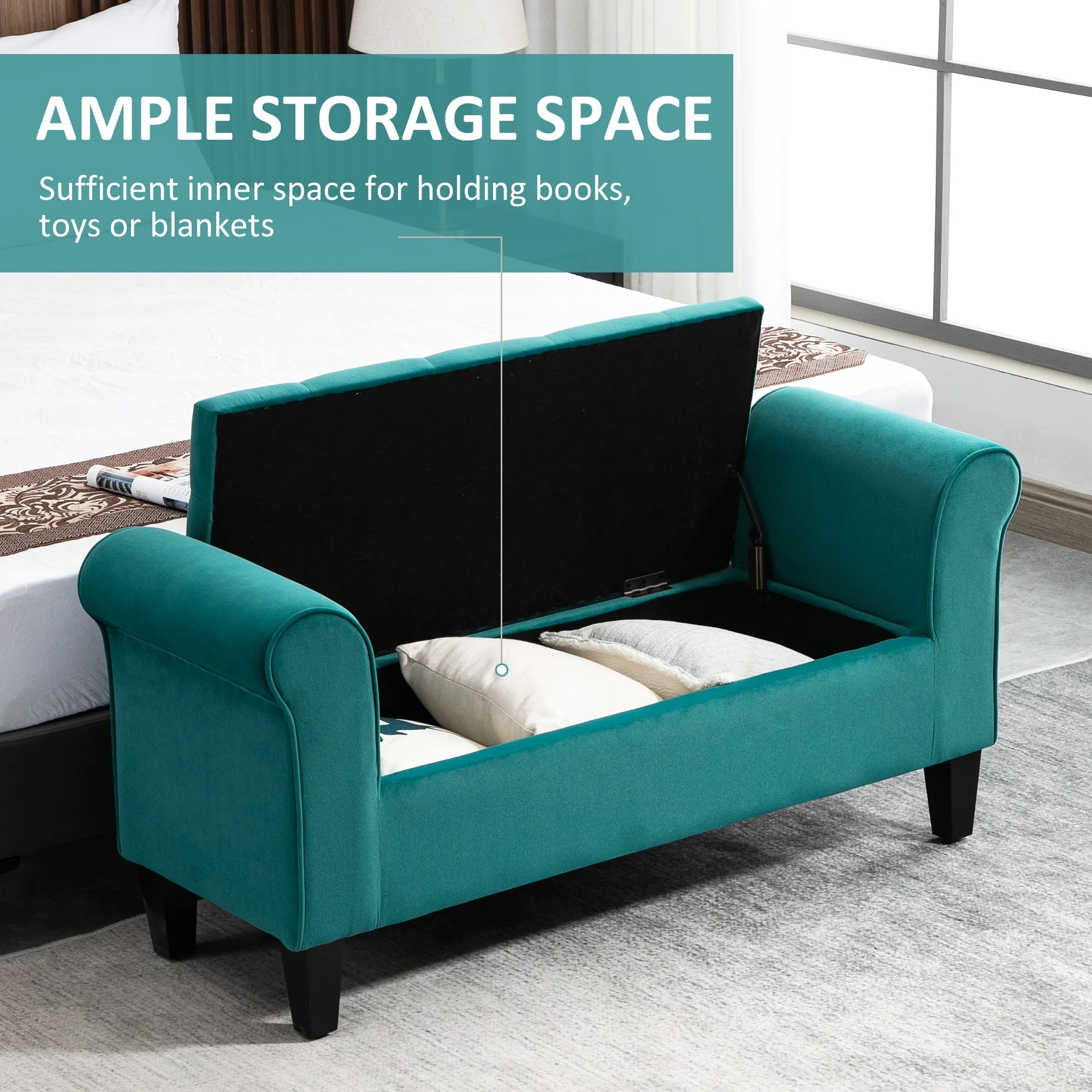 Button-Tufted Storage Ottoman Bench, Upholstered Bed Bench with Rolled Armrests for Bedroom, Living Room and Hallway - Image 7