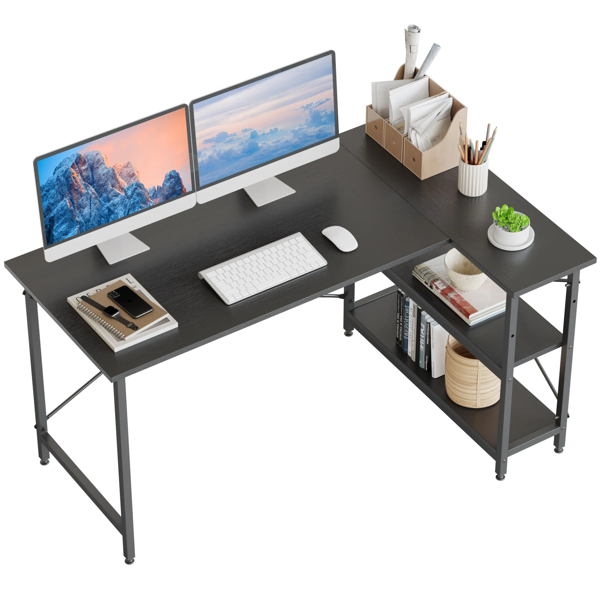 Small L Shaped Computer Desk with Storage Shelves, Compact Corner Workstation for Home Office and Study - Image 90