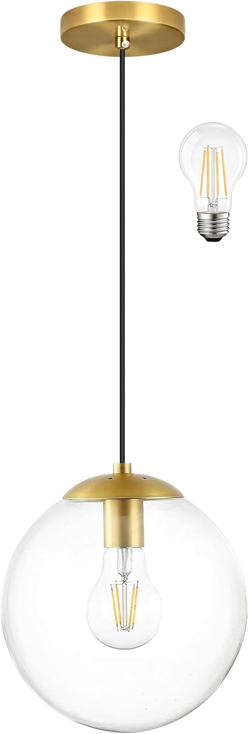 14" Gold Globe Pendant Light, Mid Century Pendant Light, Clear Glass Pendant Lights, Kitchen Island Adjustable Hanging Light Fixture for Dining Room, Bedroom, Kitchen Island - Image 28