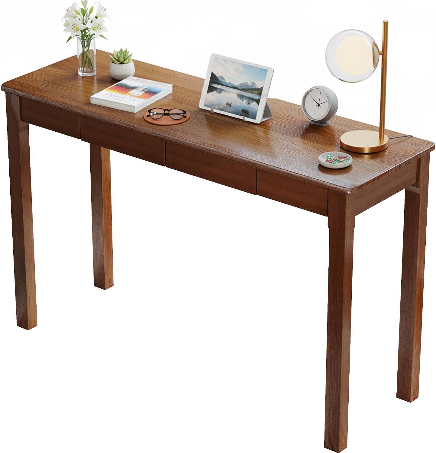 Solid Wood Desk with Drawers - 31.5" Narrow Desks for Small Spaces, Mid Century Modern Desks, Small Wooden Vintage Computer Writing Desk, Study Table for Home Office Bedroom, Walnut - Image 2
