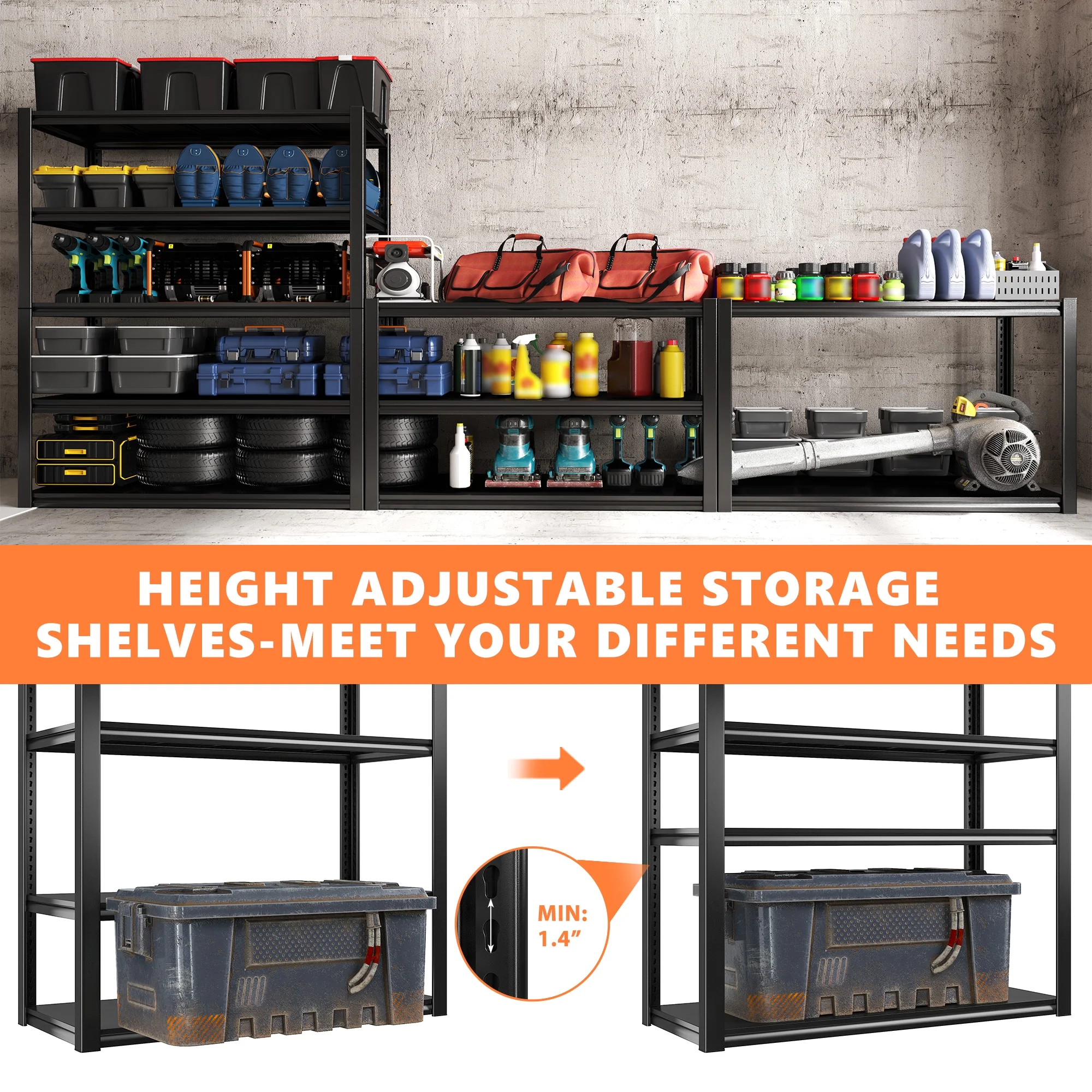REIBII 48.2"W Garage Shelving Heavy Duty 3000LBS Storage Shelves Adjustable 5 Tier Metal Shelving,48.2''L X 24.5''W X 72''H - Image 28