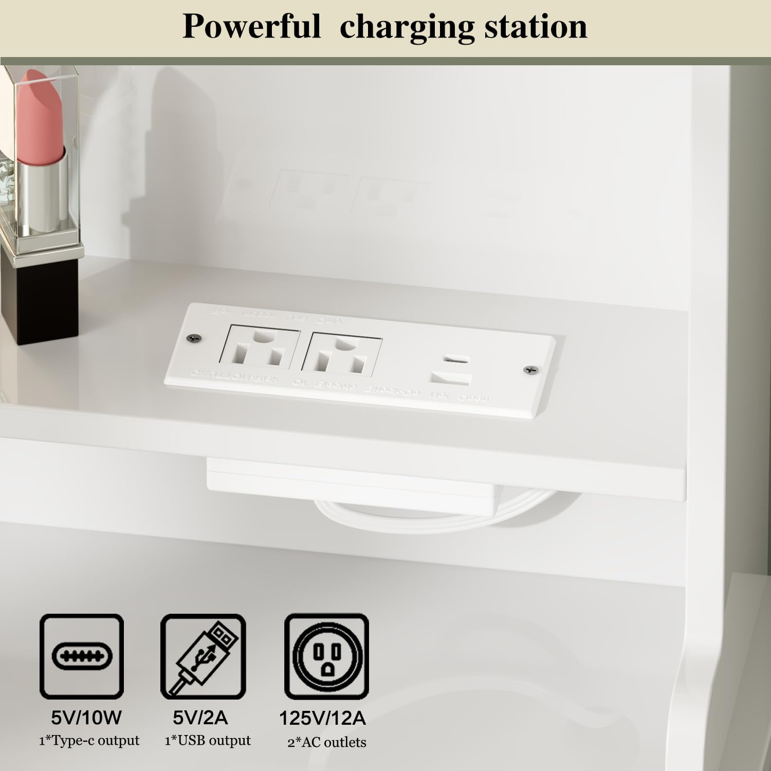 Makeup Vanity Desk with Mirror and Lights, Vanity Desk with 8 Drawers & Storage Shelves, Vanity Table with Power Outlet, 3 Color Modes & Adjustable Brightness Dressing Table, Bedroom, White - Image 5