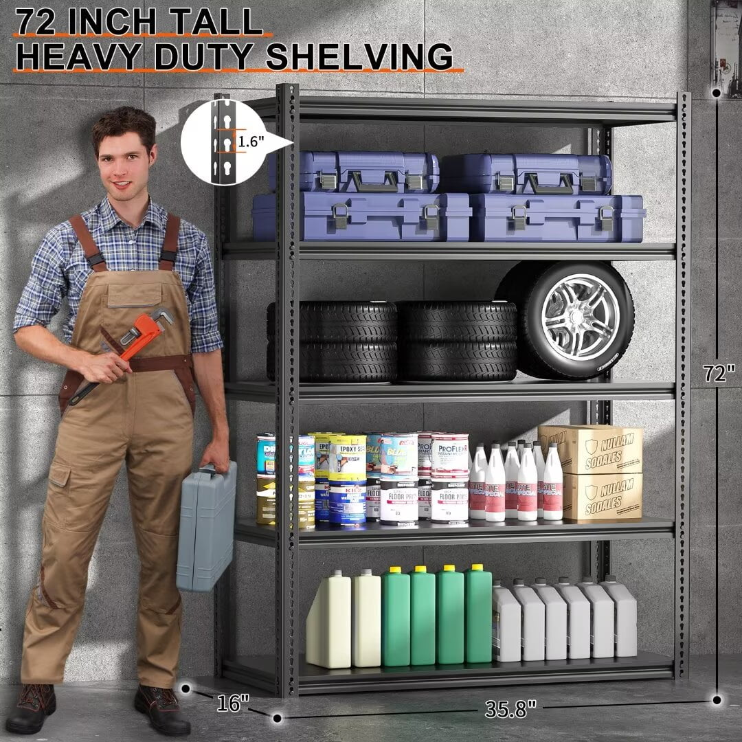 NAIZEA 2 Pack 72"H x 36"W x 18"D Garage Shelving, Heavy Duty Steel Shelving Storage Rack Shelves, 5 Tier Steel Shelf Rack Shelf Unit, 2000LB Capacity - Image 2