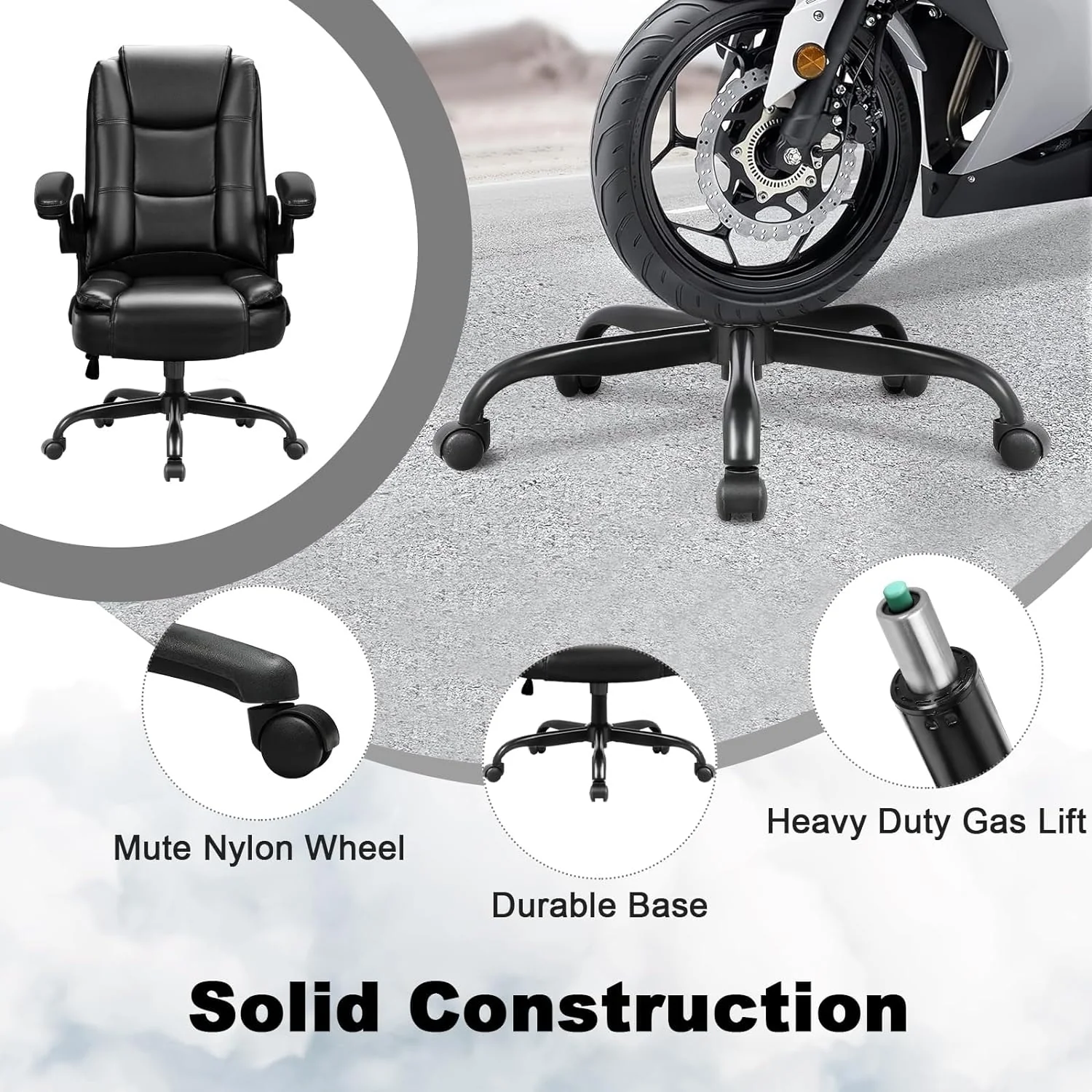 Big and Tall Ergonomic Office Chair, High Back Leather Executive Computer Chair with Padded Flip-Up Arms - Image 15