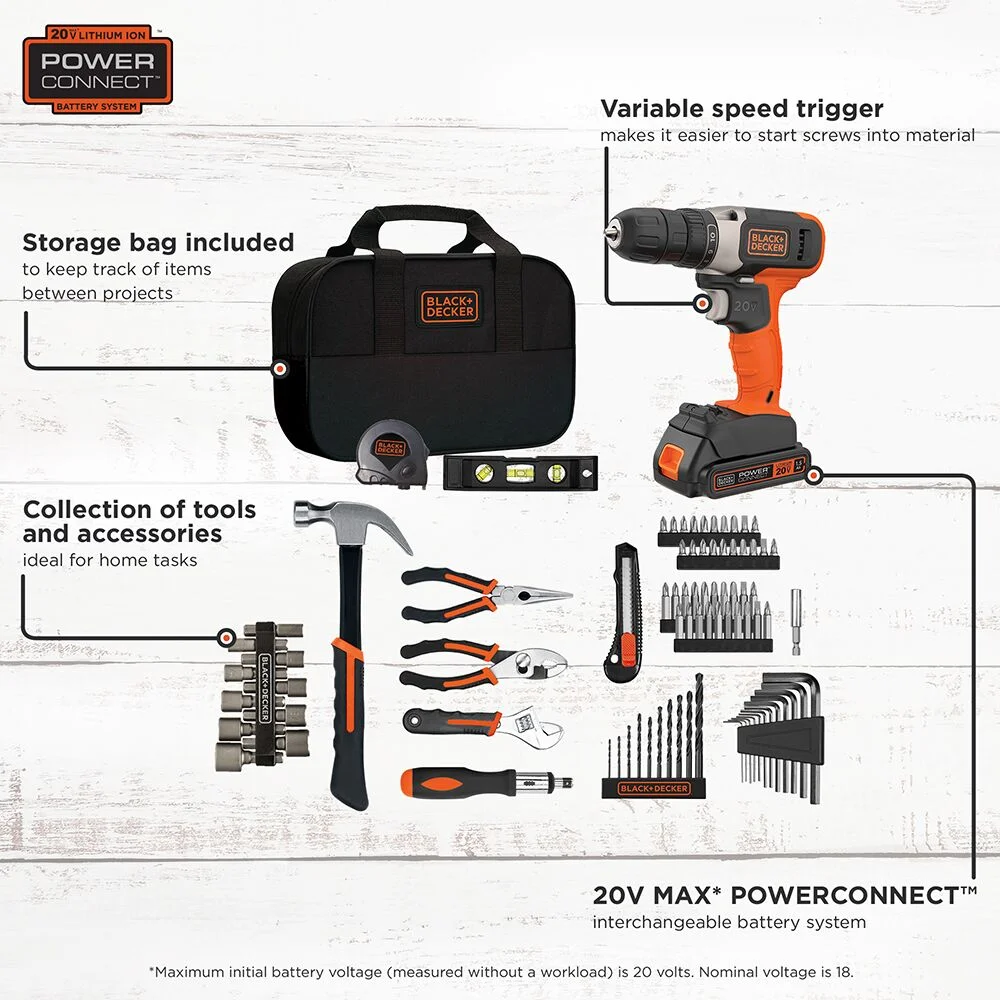 BLACK+DECKER 20V Drill/Driver, 1.5Ah, 83 Piece Set, Battery and Charger Included - Image 19