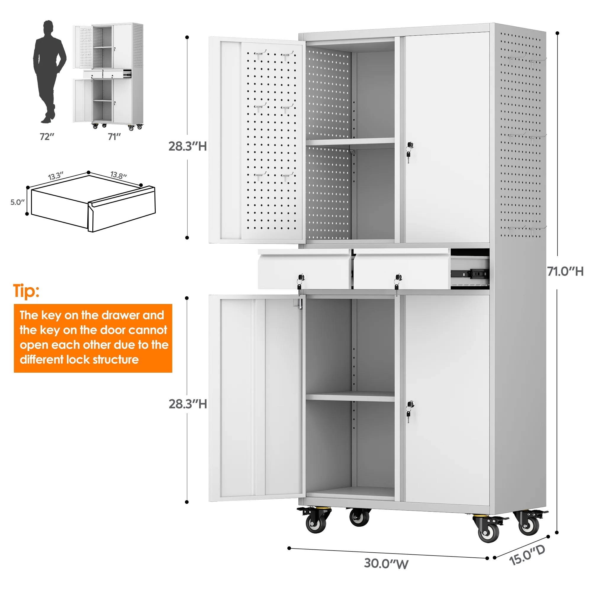 SUPEER 71" Metal Storage Cabinets with Wheels and Pegboards, Industrial Cabinet with 2 Drawers and 2 Adjustable Shelves,, Assembly Required - Image 32