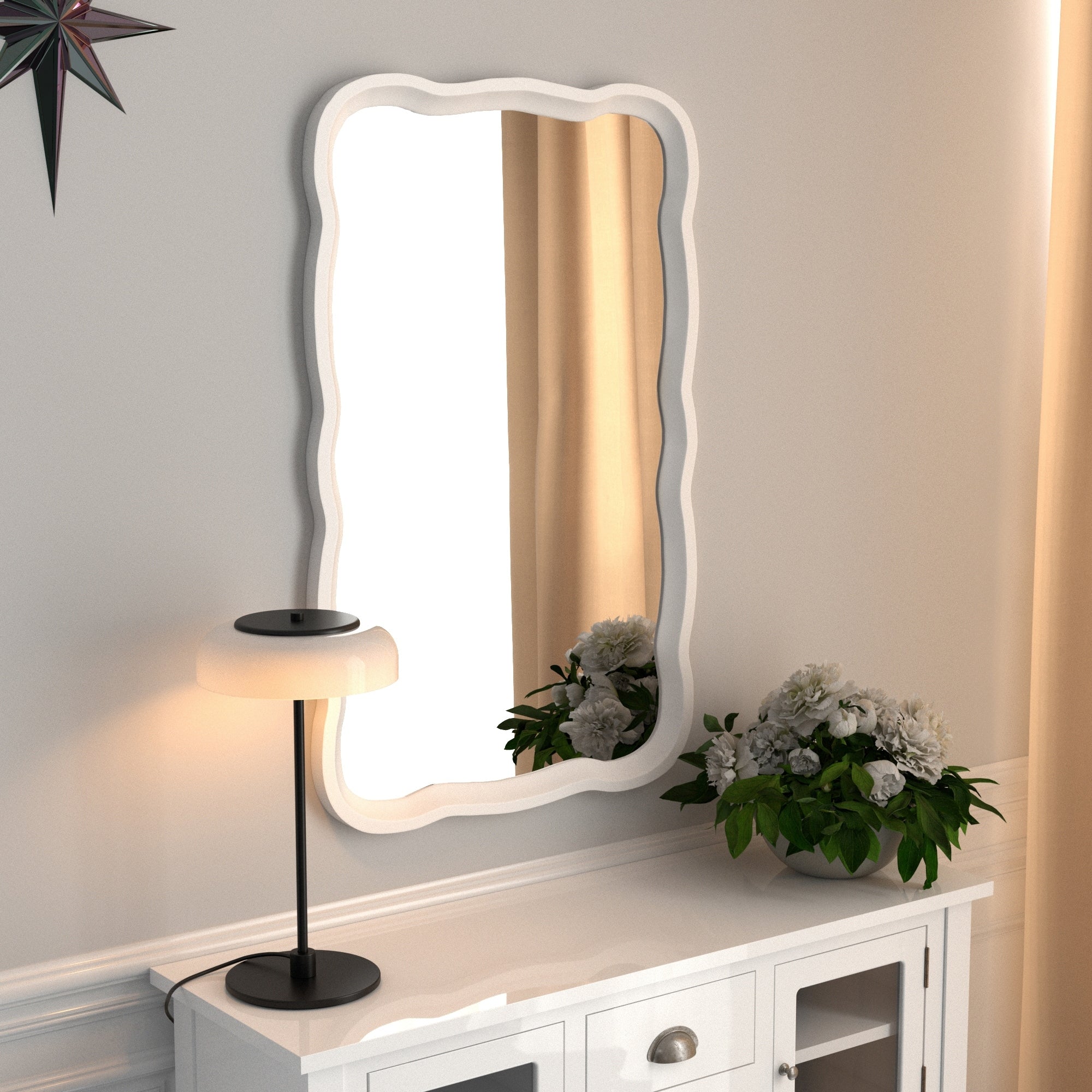 Curved Scallop Wood Frame Accent Mirror, Modern Decorative Wall Mirror for Living Room, Bedroom and Entryway - Image 4