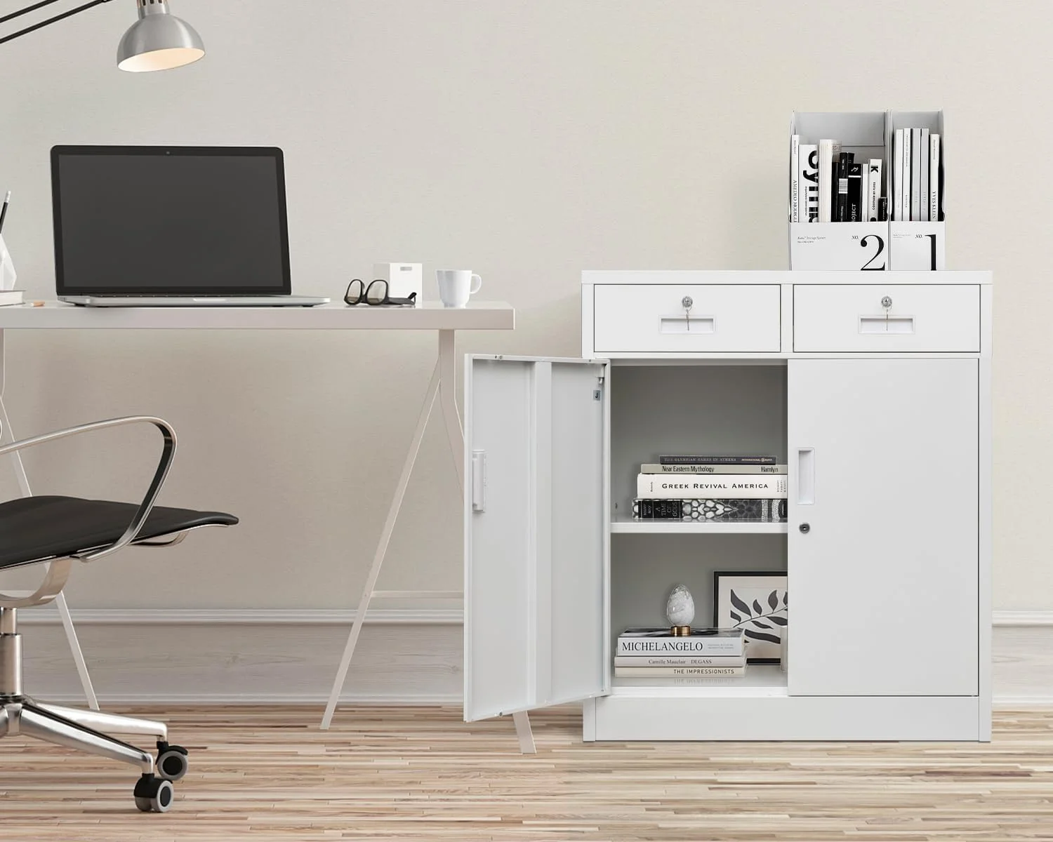 BESFUR Metal Garage Storage Cabinet with 2 Doors and 2 Drawers, Locking Stoage Cabinet for Garage, Classroom and Office - White - Image 3