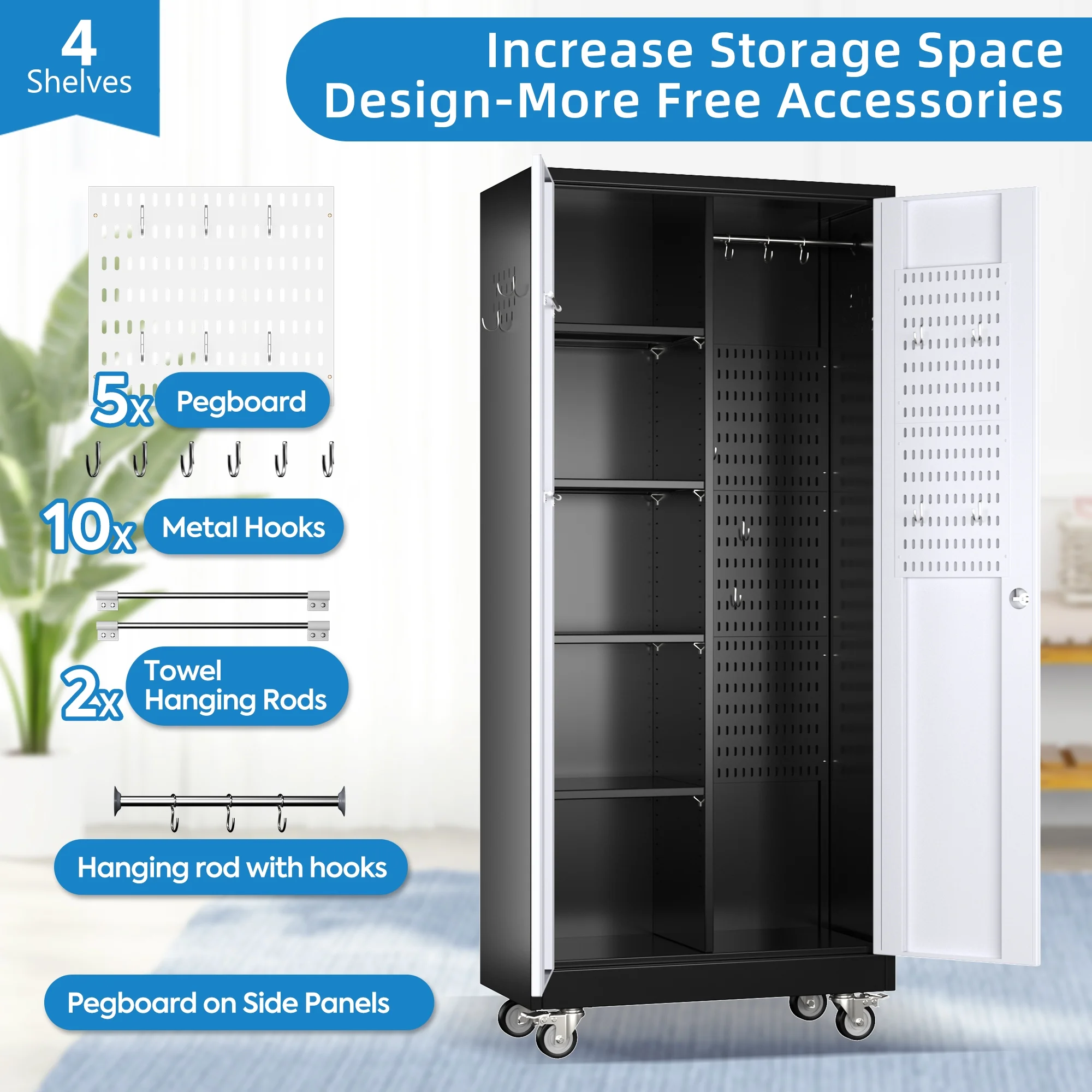 GangMei 71 Inches Tall Metal Garage Storage Cabinets with 5 Adjustable Shelves & Pegboards, Lockable Steel Black Storage Cabinet with Doors for Office, Home, School, Shops, Garage, Assembly required - Image 80