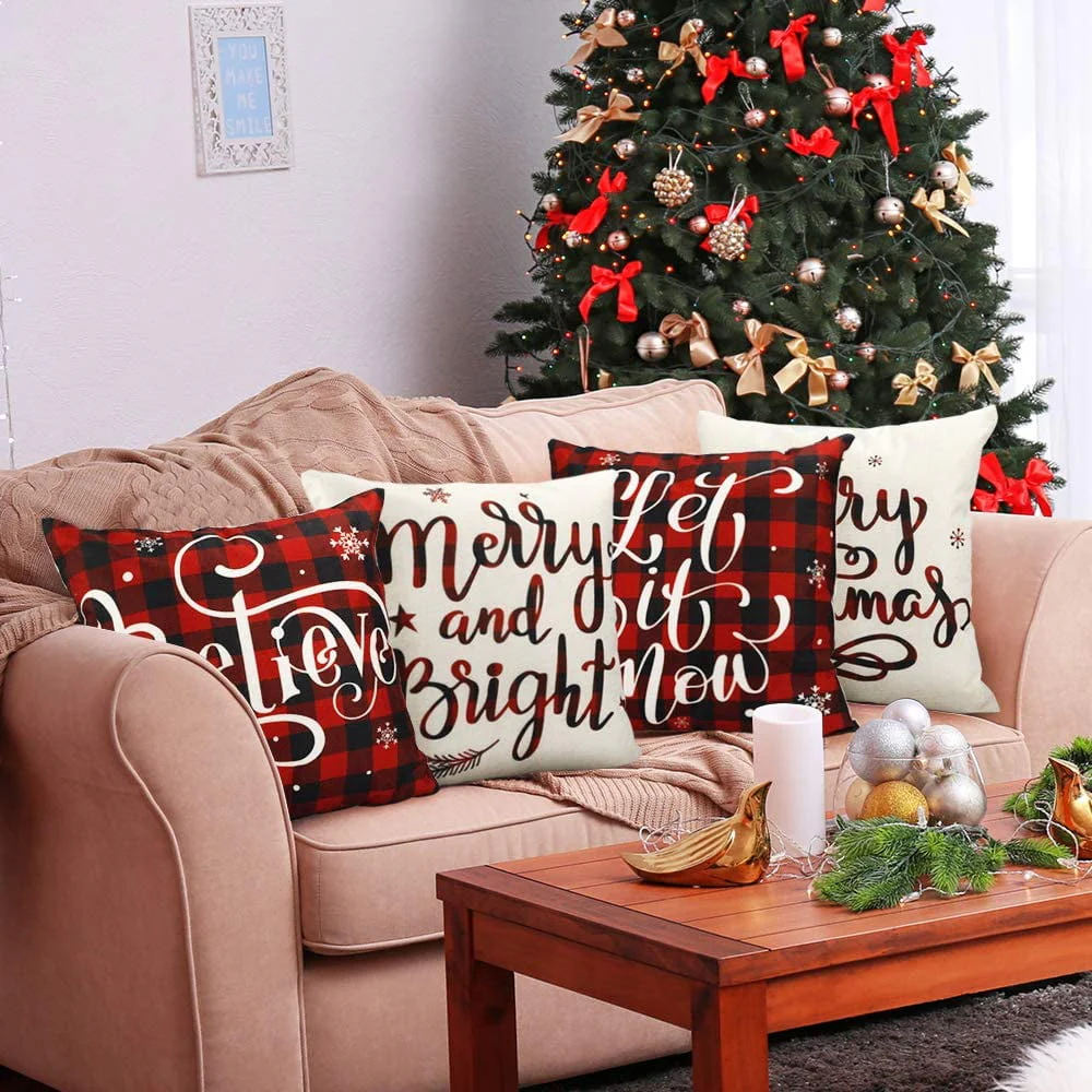 DecorX Christmas Pillow Covers 18x18 Set of 4 Farmhouse Black and Red Buffalo Check Plaid Throw Pillow Covers Outdoor Rustic Linen Pillow Case for Sofa Couch Christmas Decorations - Image 2