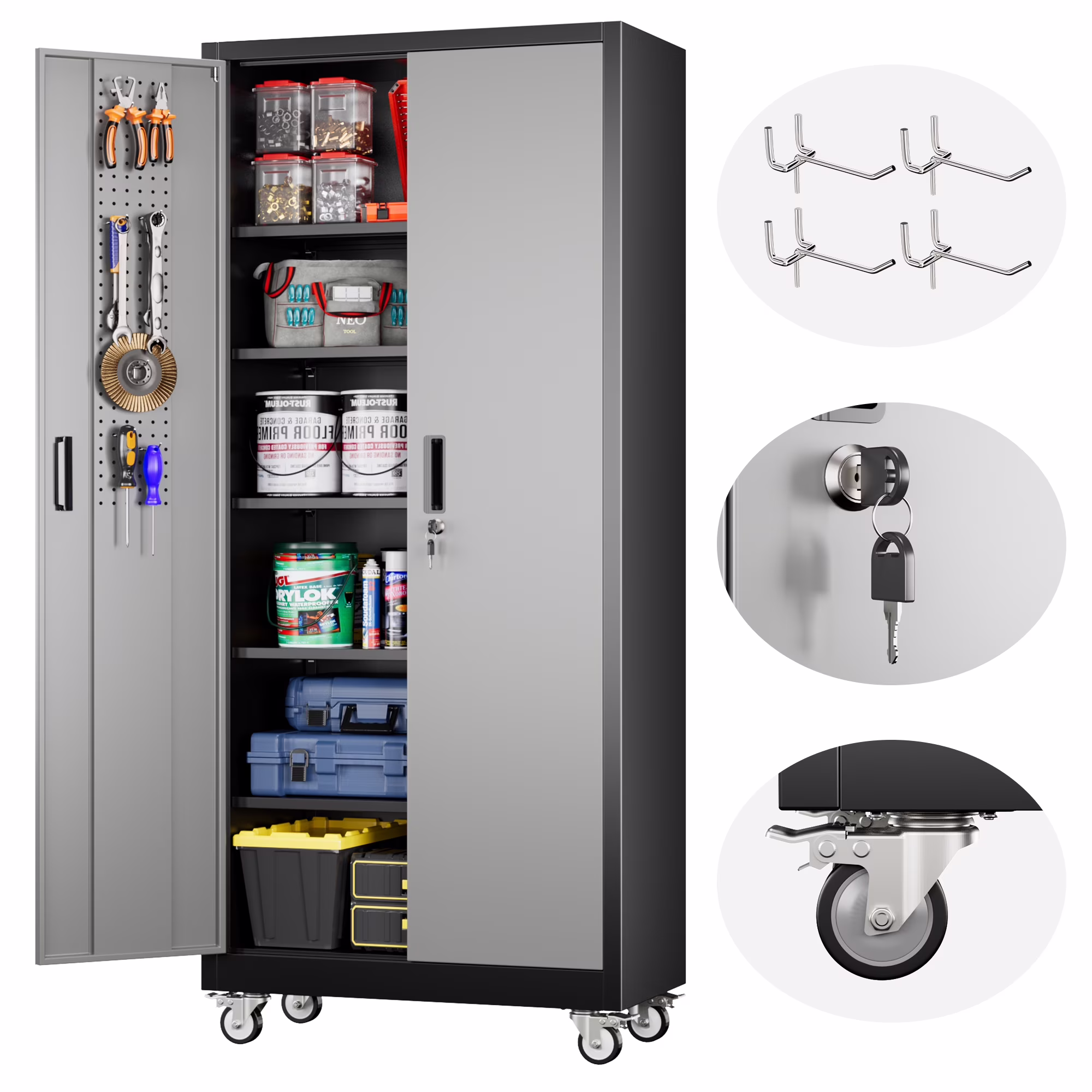 SUPEER Metal Rolling Storage Cabinets with Locking Doors and 5 Adjustable Shelves, Steel Garage Storage Cabinet for Garage, Office, Classroom, Assemble Required(Black) - Image 3