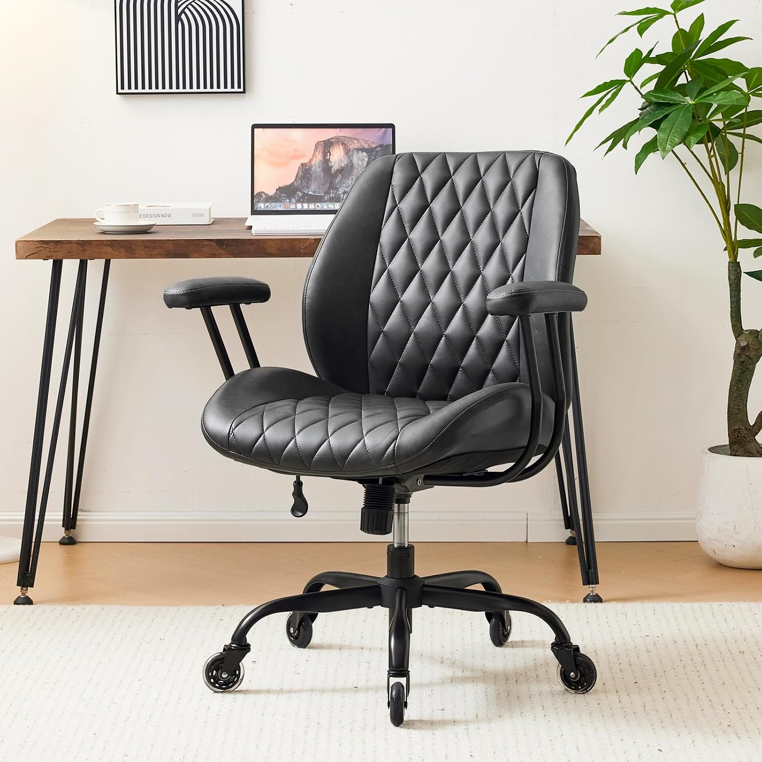 Home Office Desk Chair with Rubber Casters, Ergonomic Computer Chair with Lumbar Support, Adjustable Height Rolling Swivel Executive Task Chair with Armrests, Brown Leather - Image 4