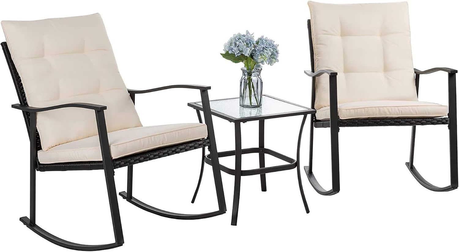 3 Piece Rocking Bistro Set, Outdoor Furniture with Rocker Chairs and Glass Coffee Table Set of 3, Balcony, Porch Furniture for Small Space, Blue