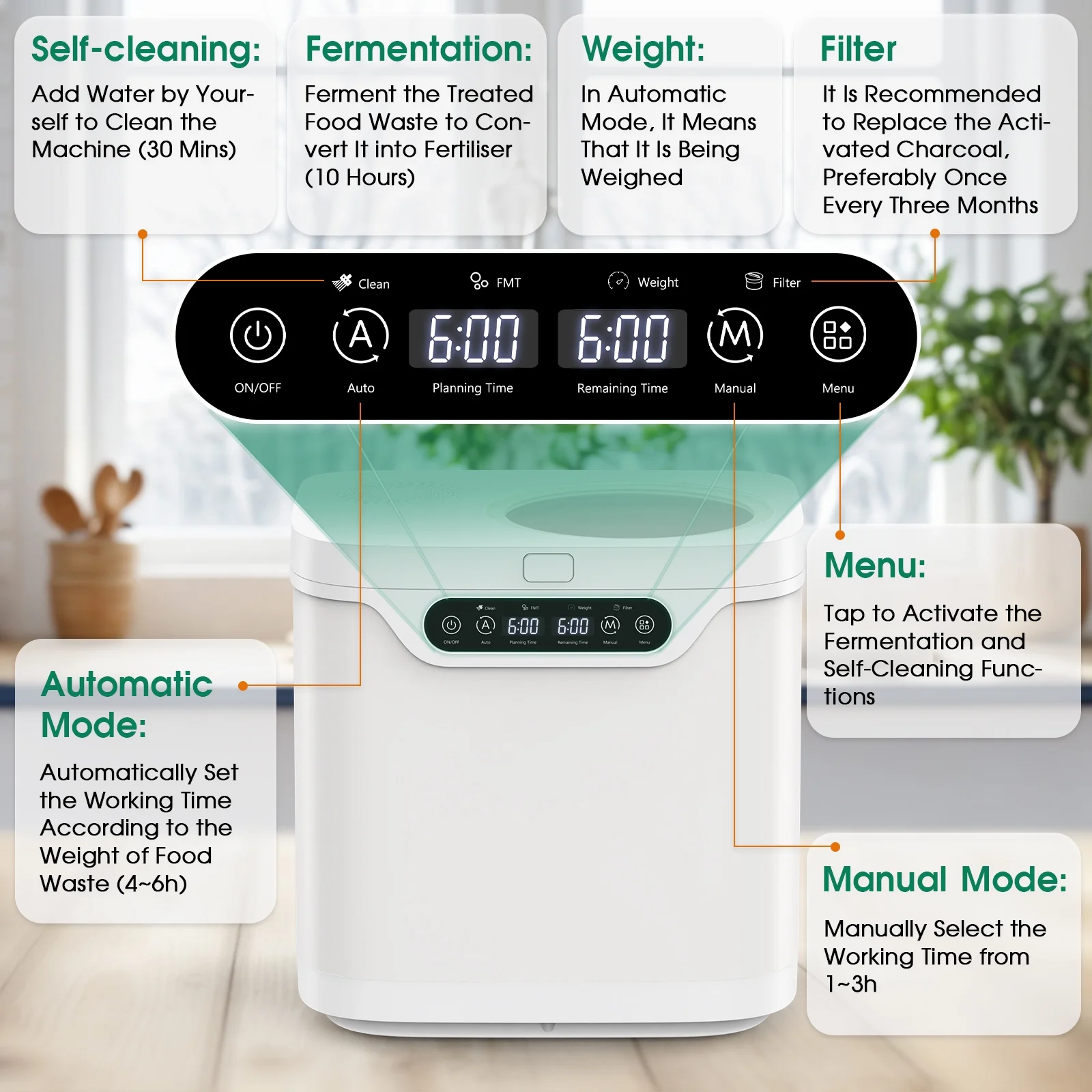 Advwin 4L Electric Composter for Kitchen, Indoor Compost Bin, 2 Detachable Carbon Filter, Auto-Cleaning - Image 3