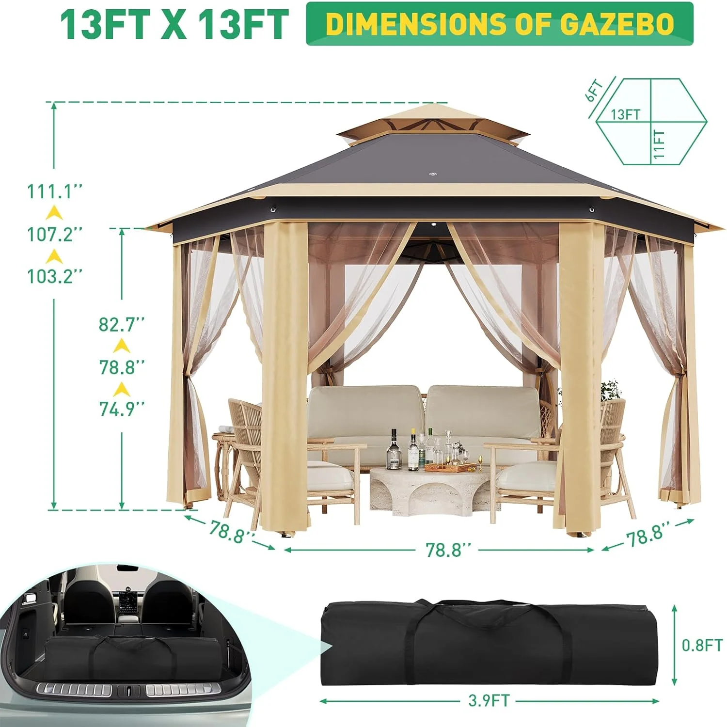 Pop Up Gazebo 13x13ft, Hexagonal Outdoor Canopy Shelter, Instant Patio Gazebo Tent with Mesh Netting and Strong Steel Frame for Patio Backyard Garden Wedding Party - Image 14