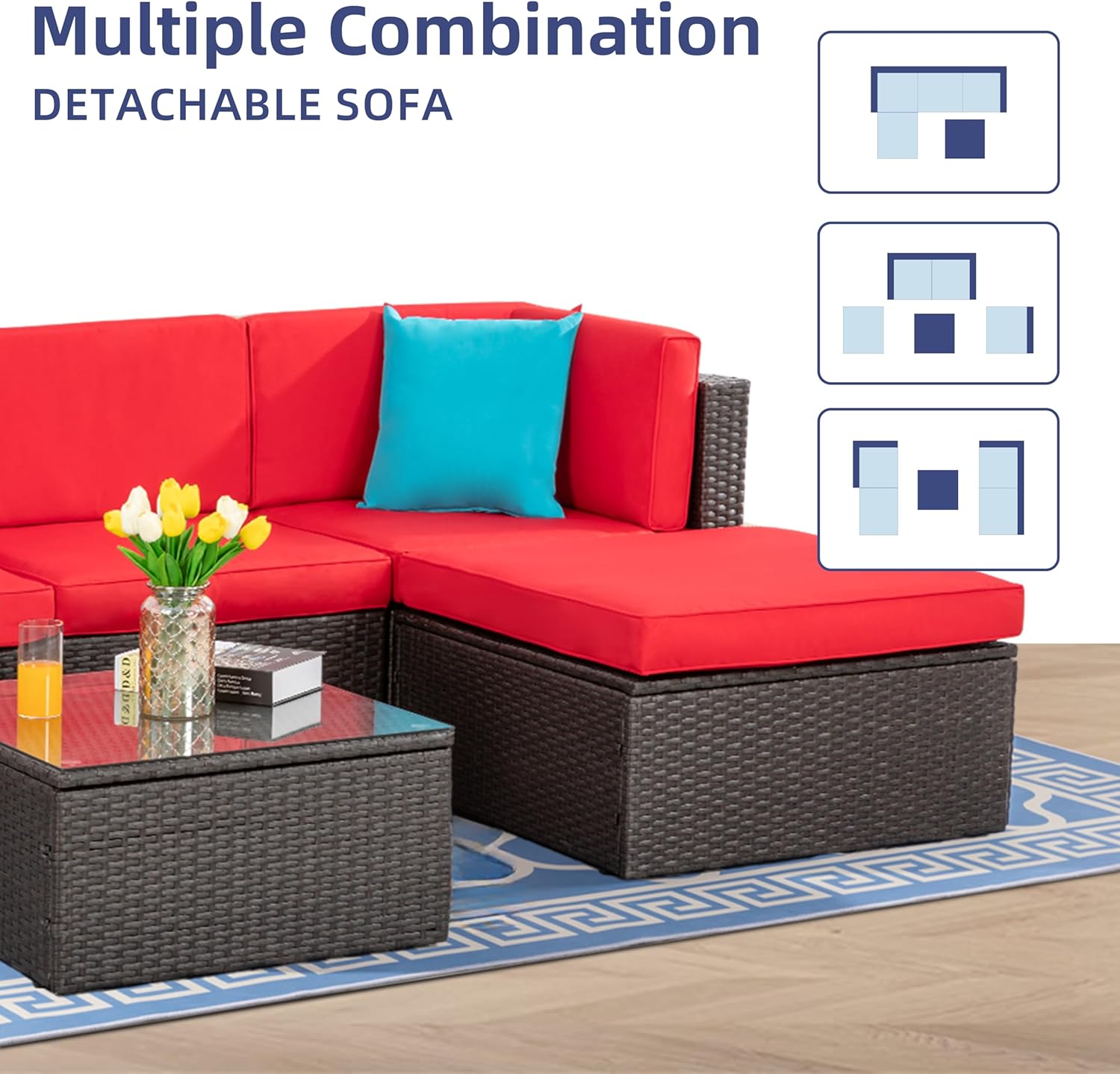 5-Piece All-Weather Patio Furniture Set with Ottoman, Outdoor Wicker Conversation Sofa Set with Cushions for Garden, Deck & Backyard - Image 61