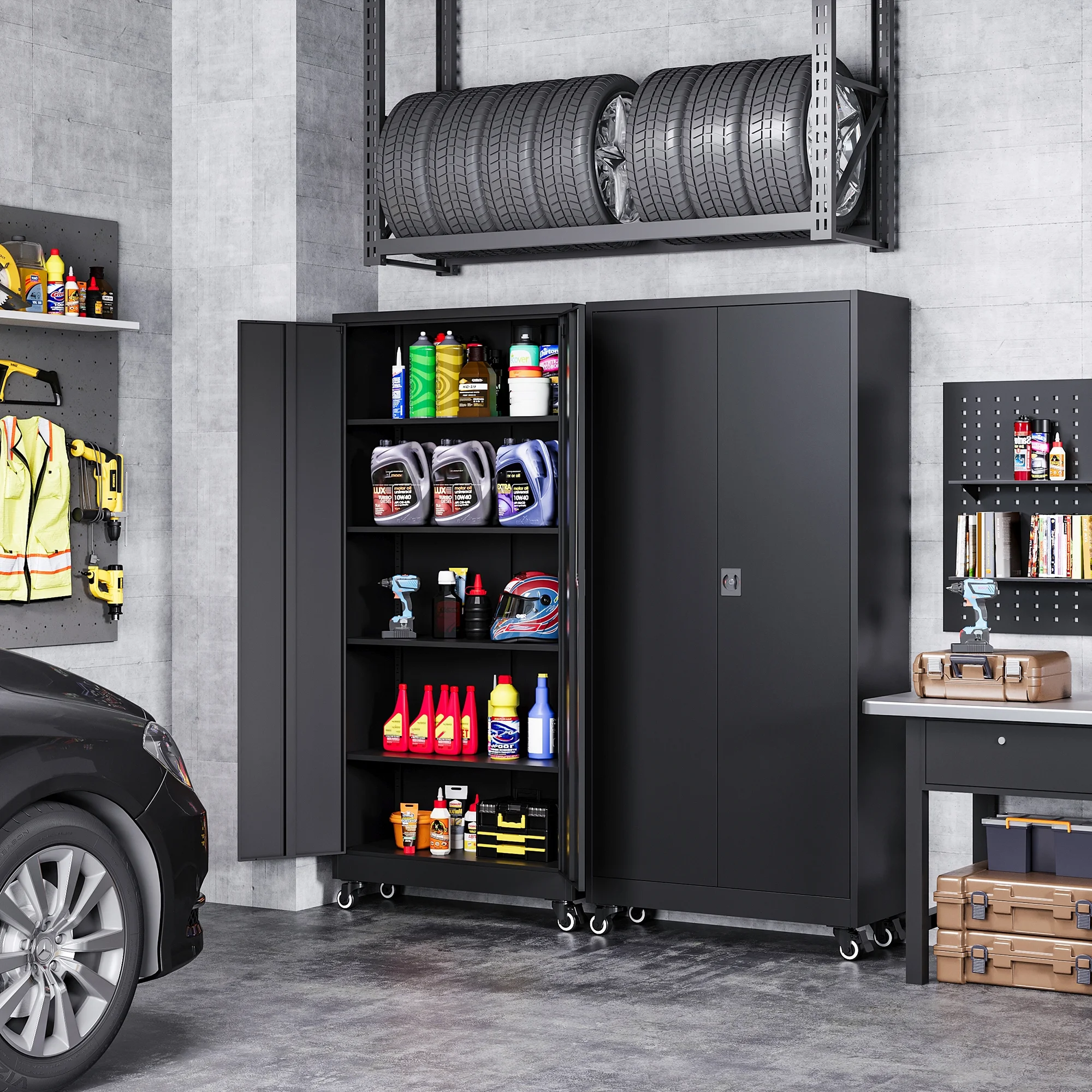 AUHUP Metal Storage Cabinet with Wheels, 73" Rolling Garage Storage Cabinets with 4 Adjustable Shelves & Locking Doors,Black Tool Cabinet for Garage,Home,Warehouse,Workshop - Image 2
