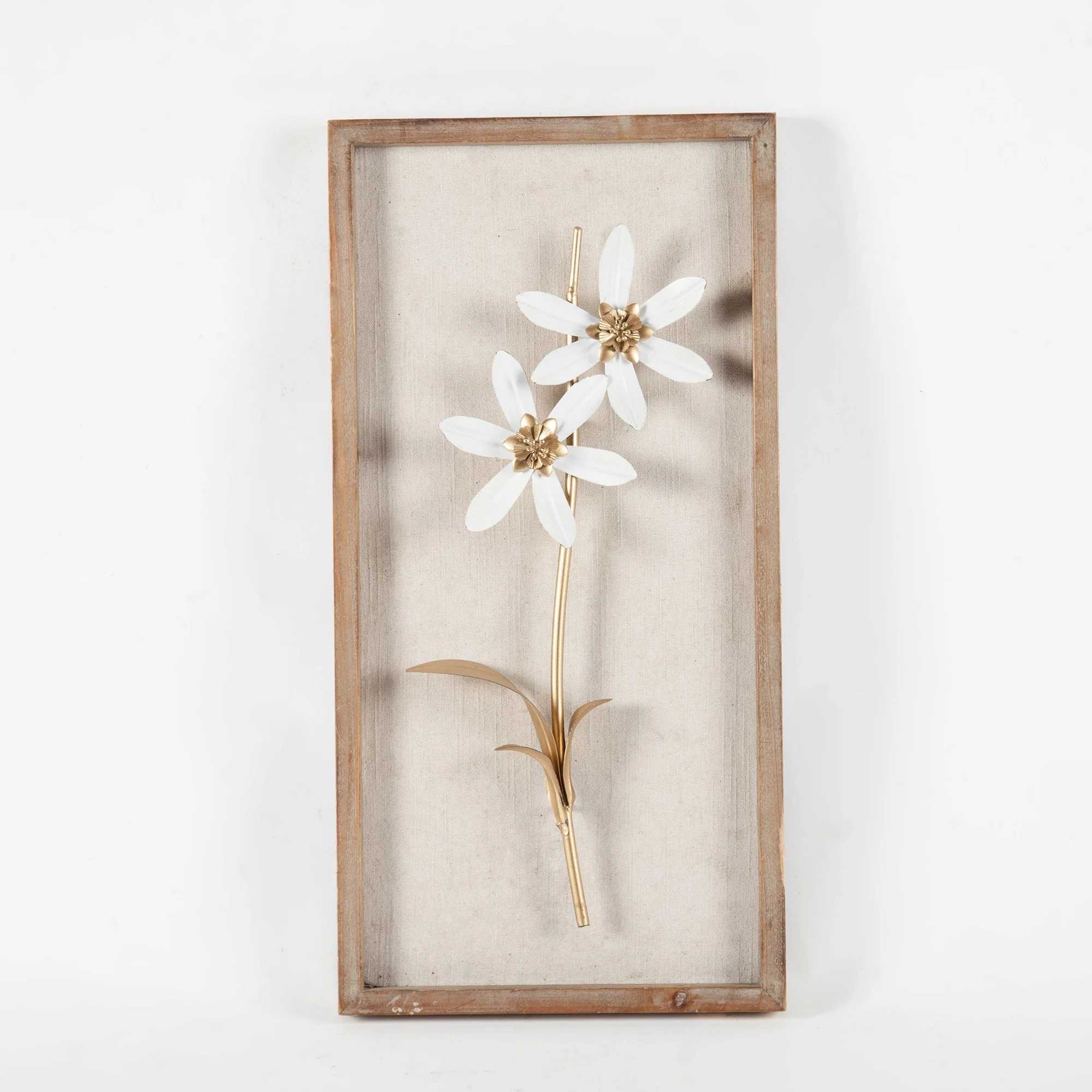 Set of 2 White and Gold Metal Flower Wall Decor with Wood Frames, Decorative Floral Wall Art - Image 5