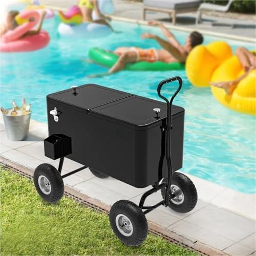 80 Quart Wagon Rolling Cooler Ice Chest, /Long Handle and 10" Wheels, Portable Beach Patio Party Bar Cold Drink Beverage, Outdoor Park Cart on Wheels - Image 22