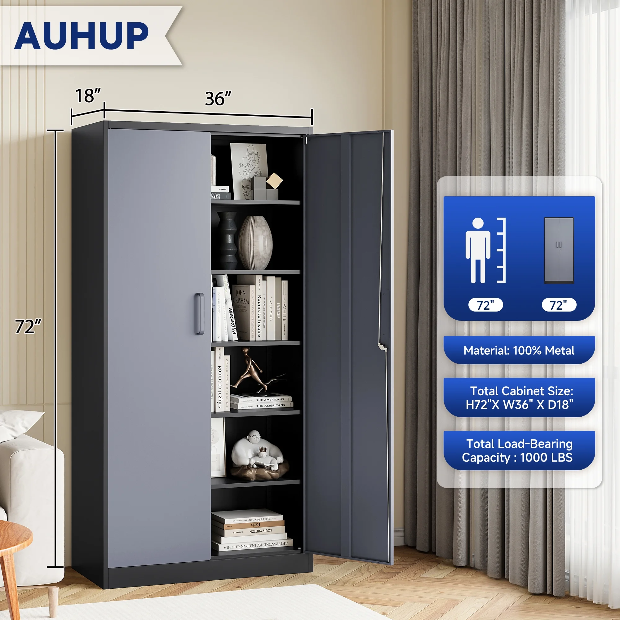 AUHUP 71" Metal Cabinet with Locking Doors and 5 Adjustable Shelves, Black Garage Storage Cabinet for Warehouse, Basement, Home Office, Tool File Storage Utility Cabinets - Image 13
