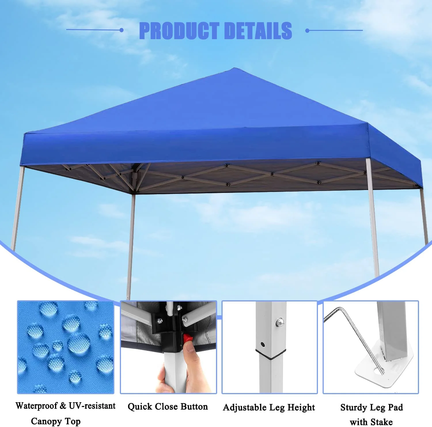 Canopy Tent, 10X10 FT Outdoor Pop Up Canopy Slant Legs Gazebo Shelter for Patio Deck Garden and Beach - 8X8 Canopy Top (Blue) - Image 2
