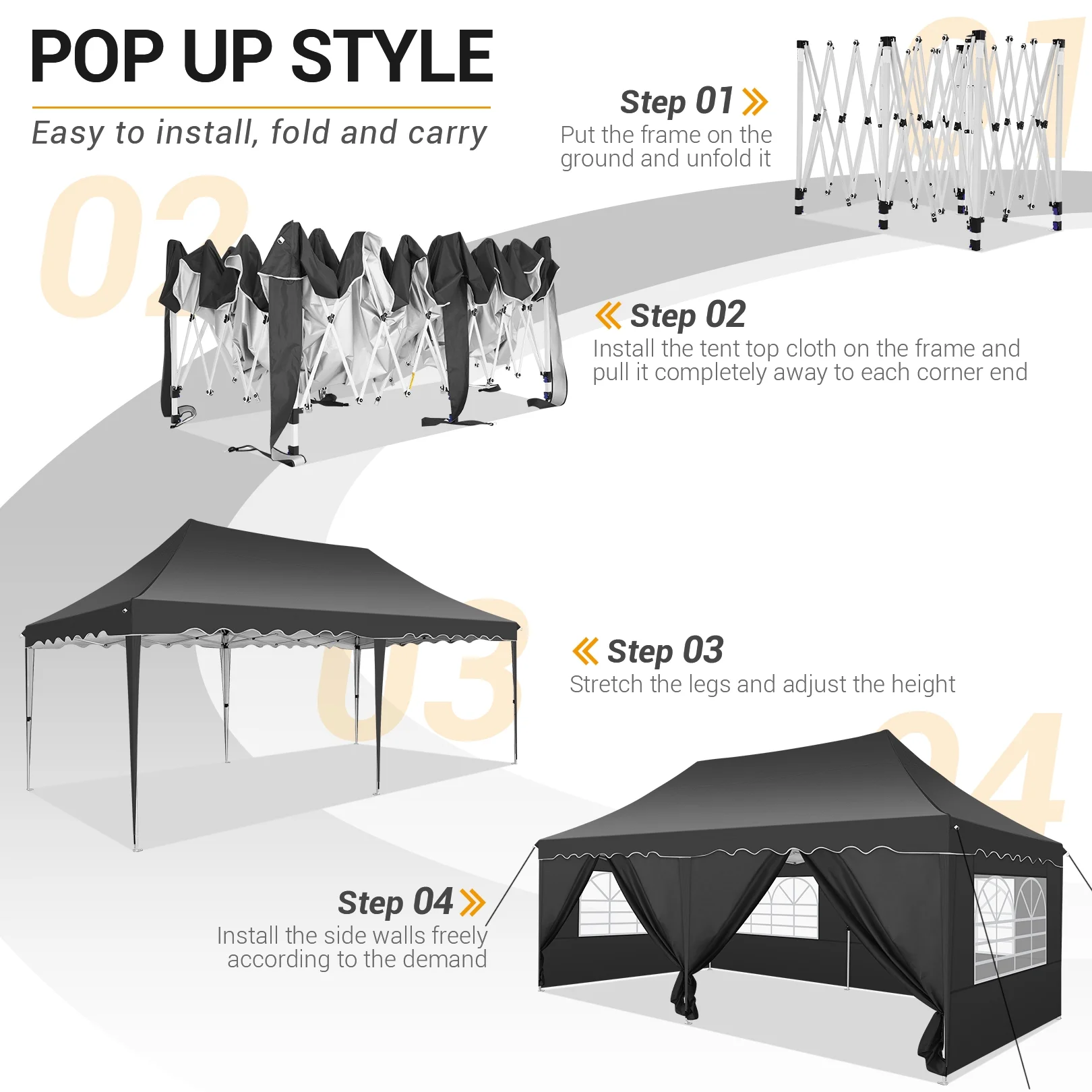 SANOPY 10' x 20' Pop up Canopy Party Tent with 6 Removable Sidewalls, Wave Eave Outdoor Waterproof Patio Gazebo Tent with Carry Bag, Backyards Camping Picnics, Black - Image 15