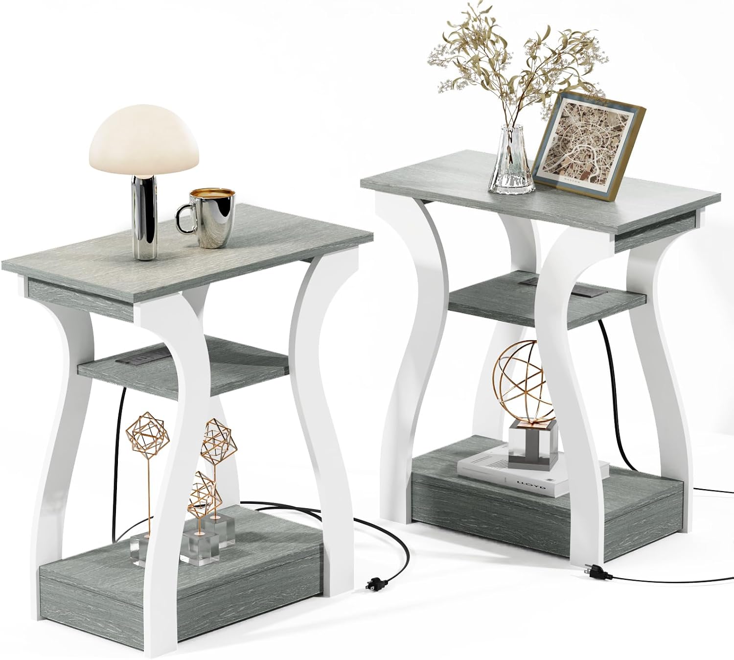 End Tables Living Room Set of 2 with Charging Station, Grey - Image 2