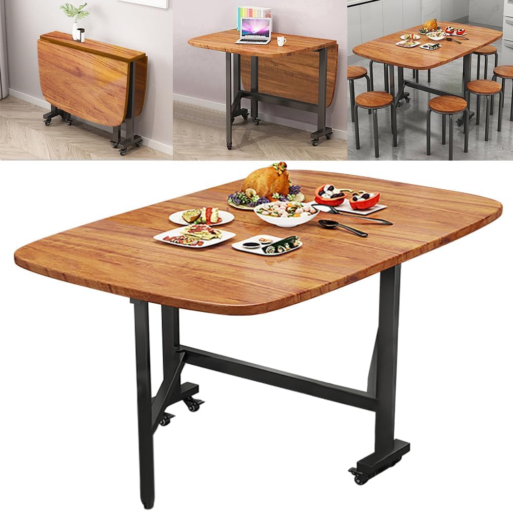 Multifunction Table Drop Leaf Dining Table - 47" Wooden Foldable Kitchen Table with 6 Wheels (Black)