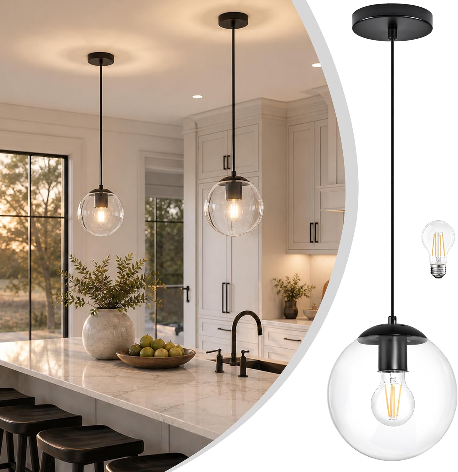14" Gold Globe Pendant Light, Mid Century Pendant Light, Clear Glass Pendant Lights, Kitchen Island Adjustable Hanging Light Fixture for Dining Room, Bedroom, Kitchen Island - Image 22
