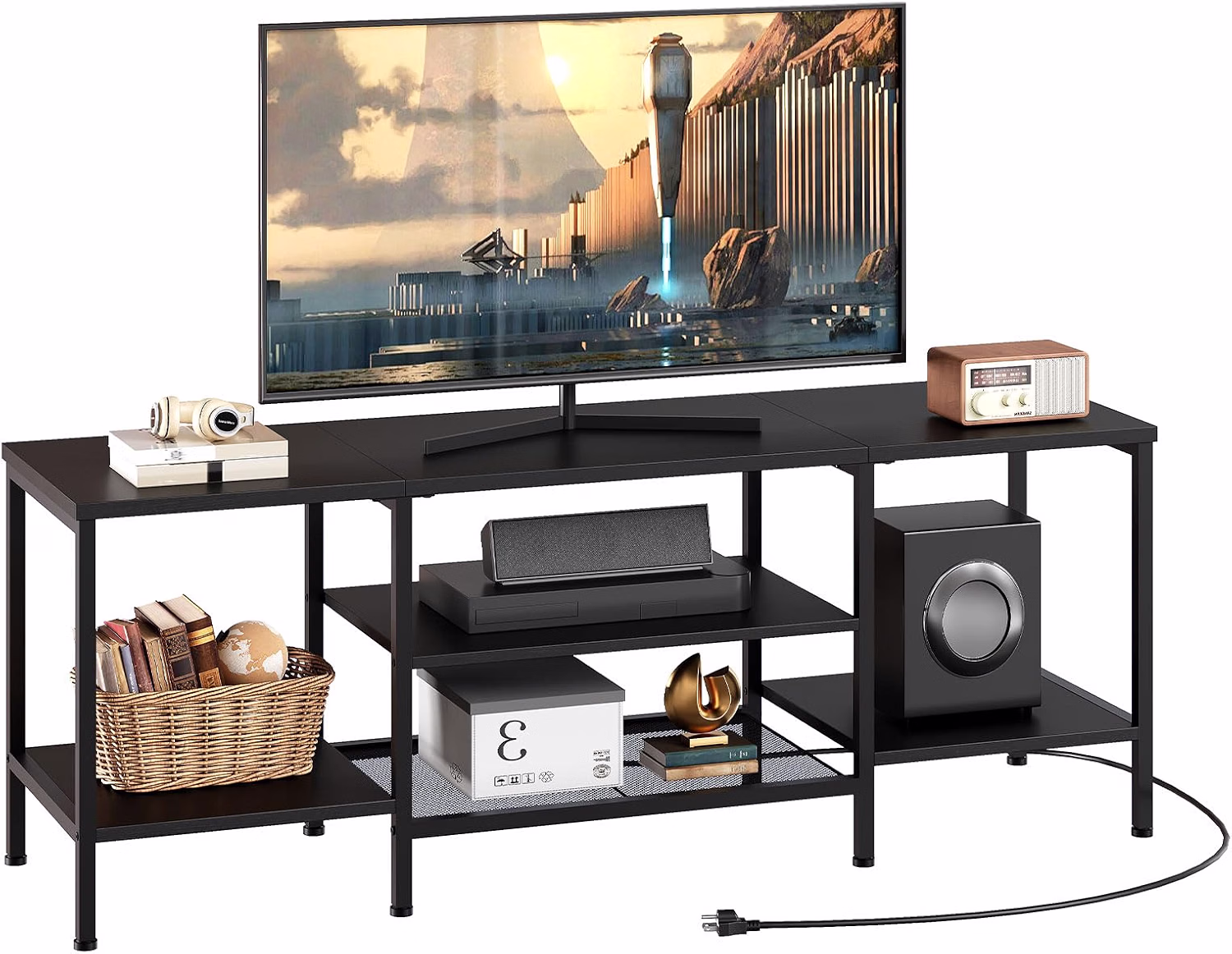 TV Stand with Power Outlets to 75 Inches, TV Console Table with Open Storage Shelves Cabinet, Industrial Media Entertainment Center for Living Room Bedroom, Rustic Brown and Black BF80DS01 - Image 5