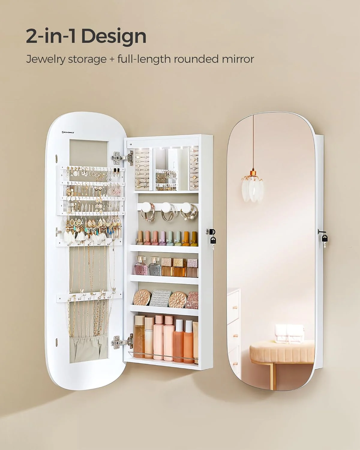 LED Jewelry Organizer Cabinet, Wall or Door Mounted Jewelry Storage Mirror with LED Lights - Image 9