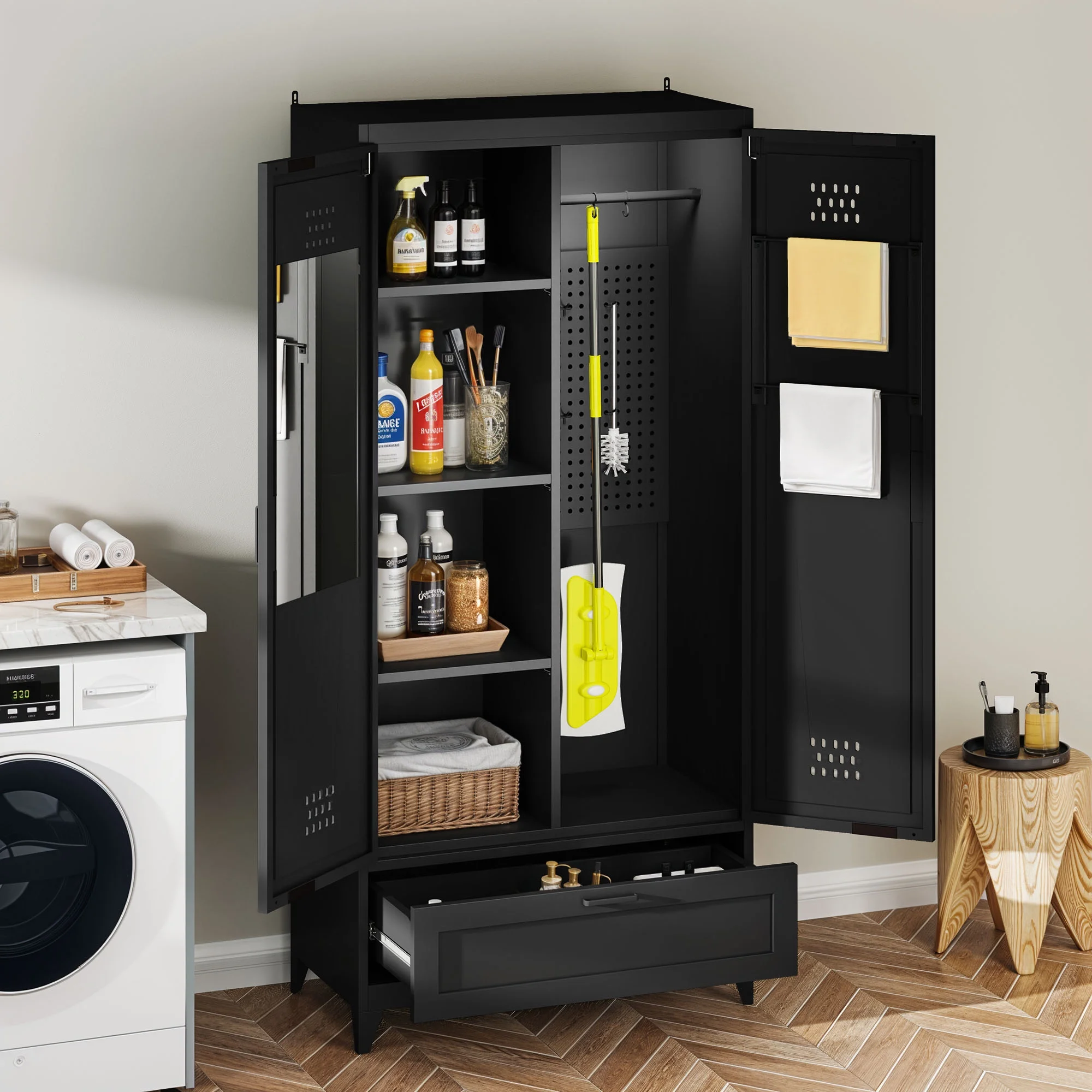 Uforic 70.9" Garage Storage Cabinet with Doors & Shelves, Metal Cabinet with Lights, Black - Image 6
