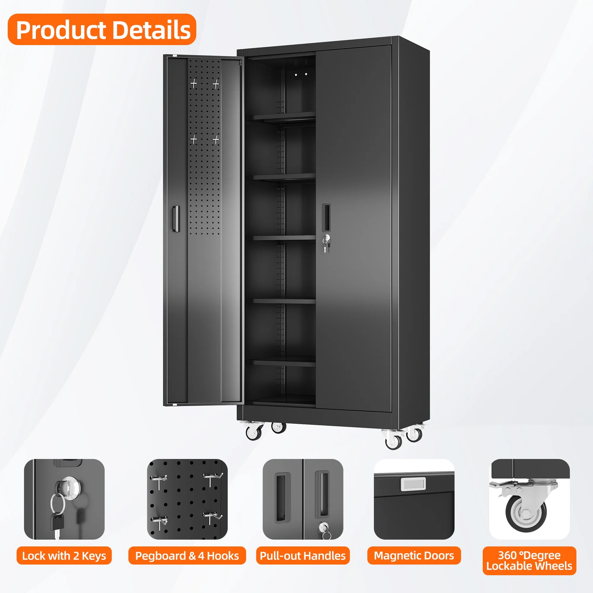 GangMei 71 Inches Tall Metal Garage Storage Cabinets with 5 Adjustable Shelves & Pegboards, Lockable Steel Black Storage Cabinet with Doors for Office, Home, School, Shops, Garage, Assembly required - Image 25